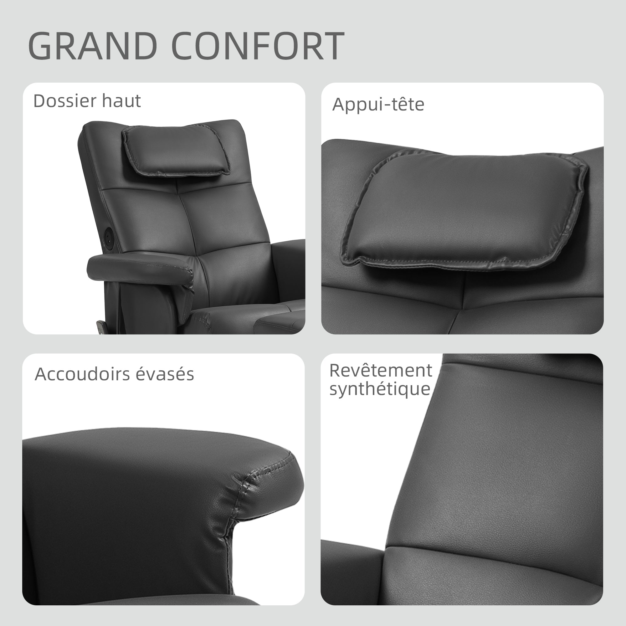 Fauteuil massant avec repose-pied fauteuil relax salon - dossier inclinable jusqu'à 135°, coffre de rangement, appuie-tête et et télécommande - revêtement synthétique noir