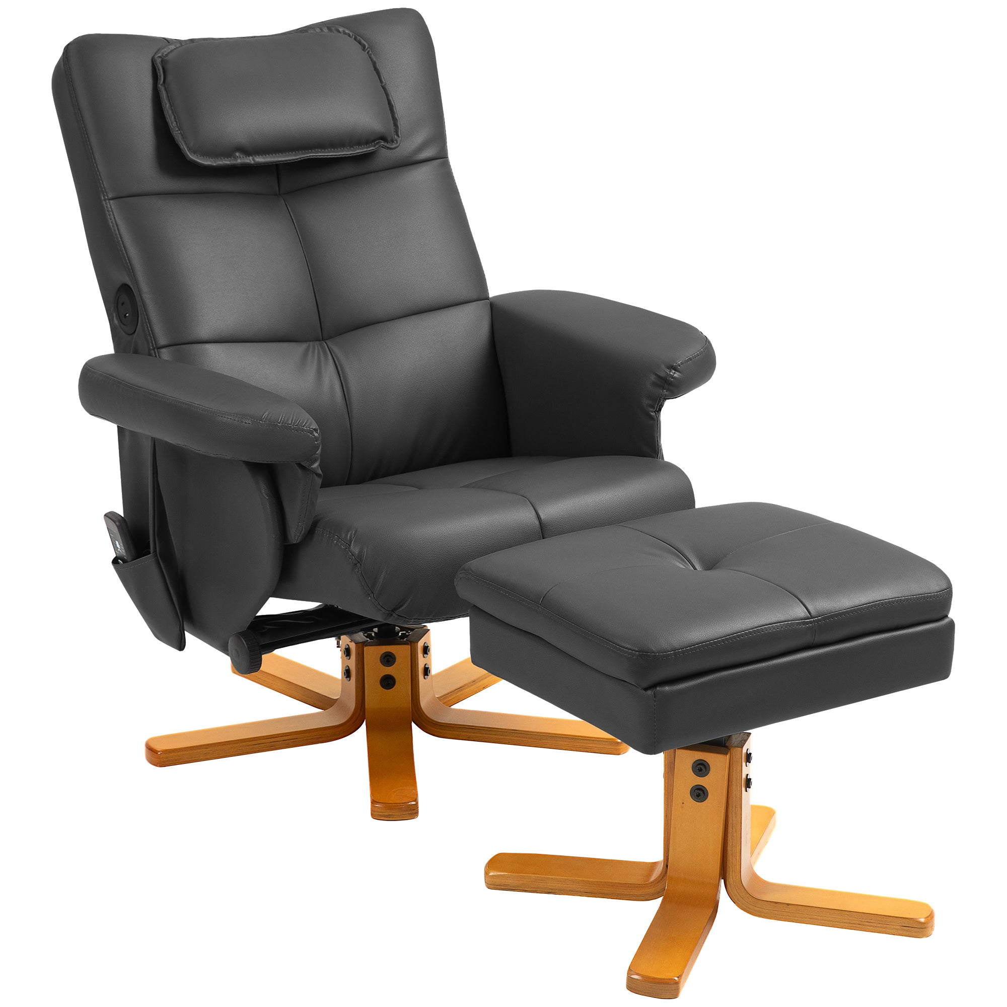 Fauteuil massant avec repose-pied fauteuil relax salon - dossier inclinable jusqu'à 135°, coffre de rangement, appuie-tête et et télécommande - revêtement synthétique noir