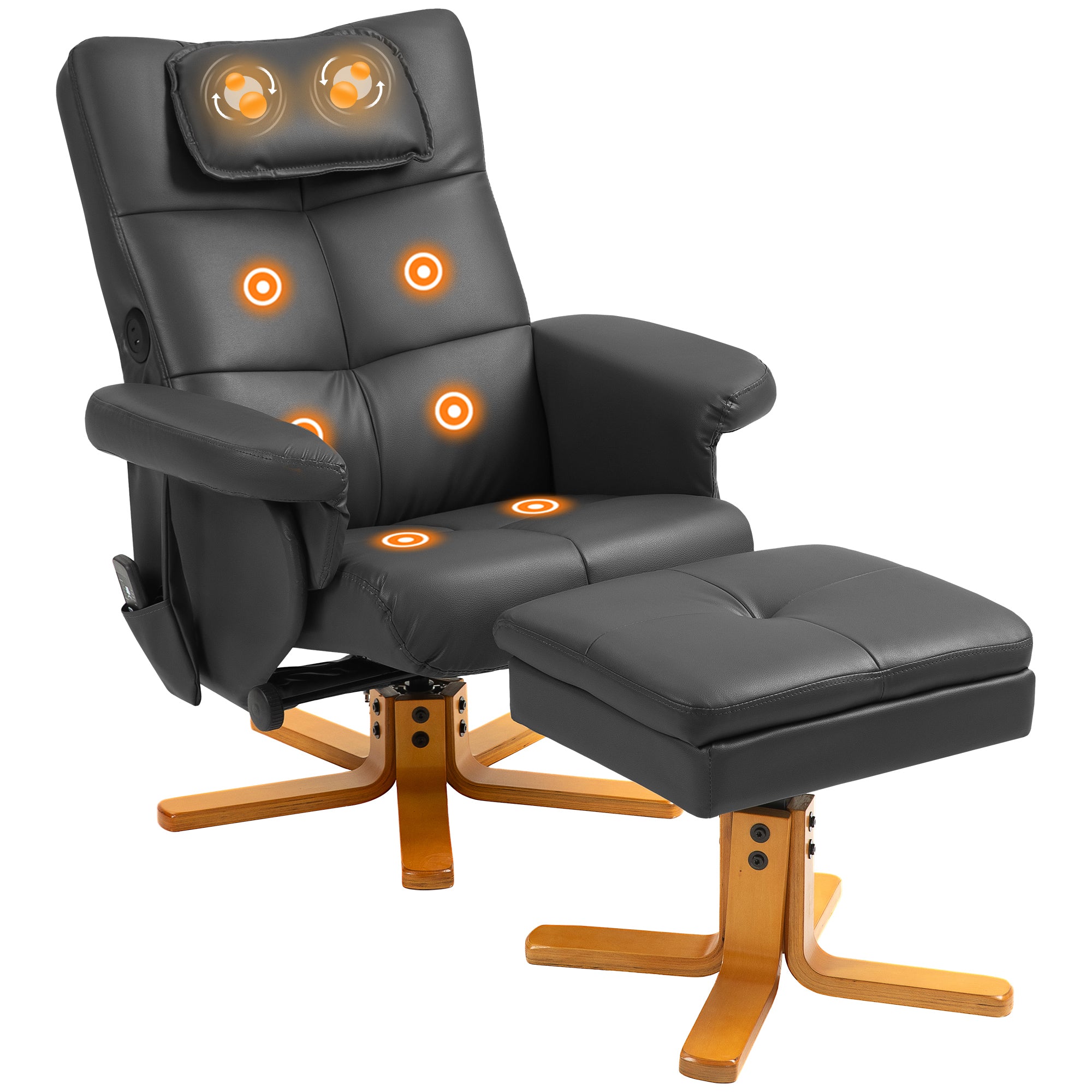 Fauteuil massant avec repose-pied fauteuil relax salon - dossier inclinable jusqu'à 135°, coffre de rangement, appuie-tête et et télécommande - revêtement synthétique noir