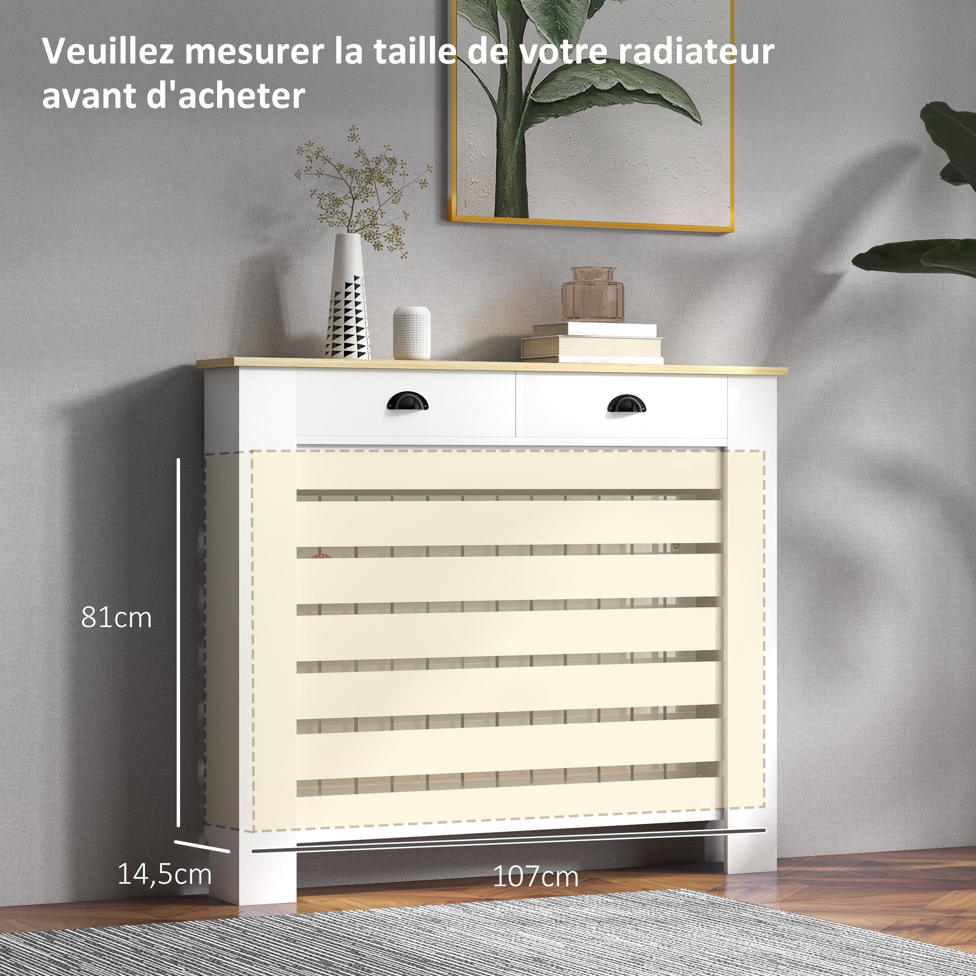 Couvercle de radiateur, cache radiateur, grille à lattes horizontales, avec 2 tiroirs, pour salon, chambre à coucher, couloir, en bois, 111 x 19 x 95,5 cm, blanc