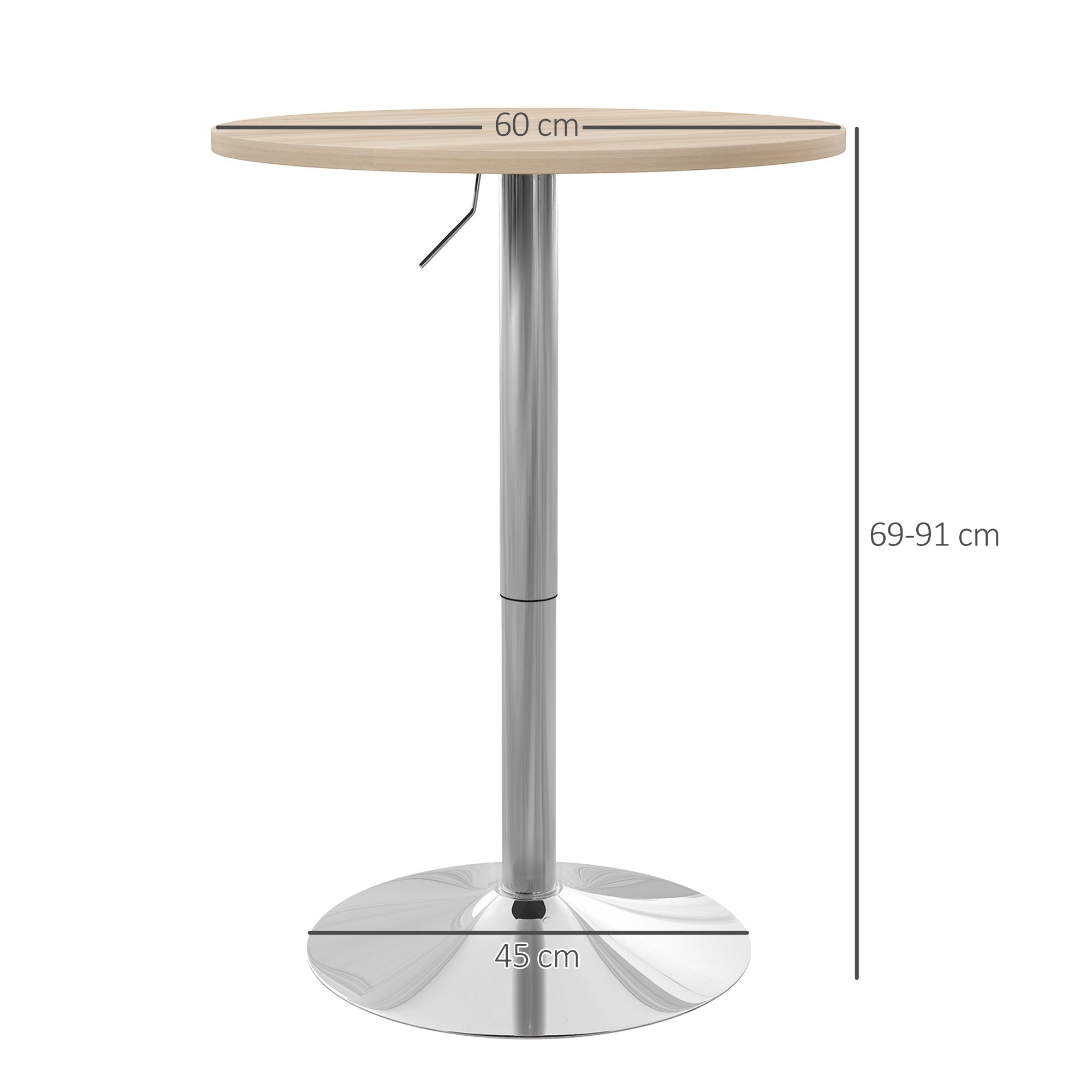 Table de bar ronde table haute cuisine mange-debout réglable en hauteur 69-91 cm avec plateau pivotante à 360° base en acier naturel et gris