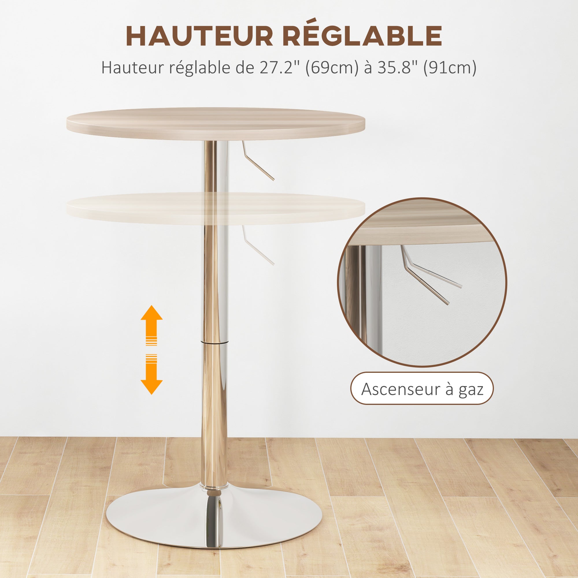 Table de bar ronde table haute cuisine mange-debout réglable en hauteur 69-91 cm avec plateau pivotante à 360° base en acier naturel et gris