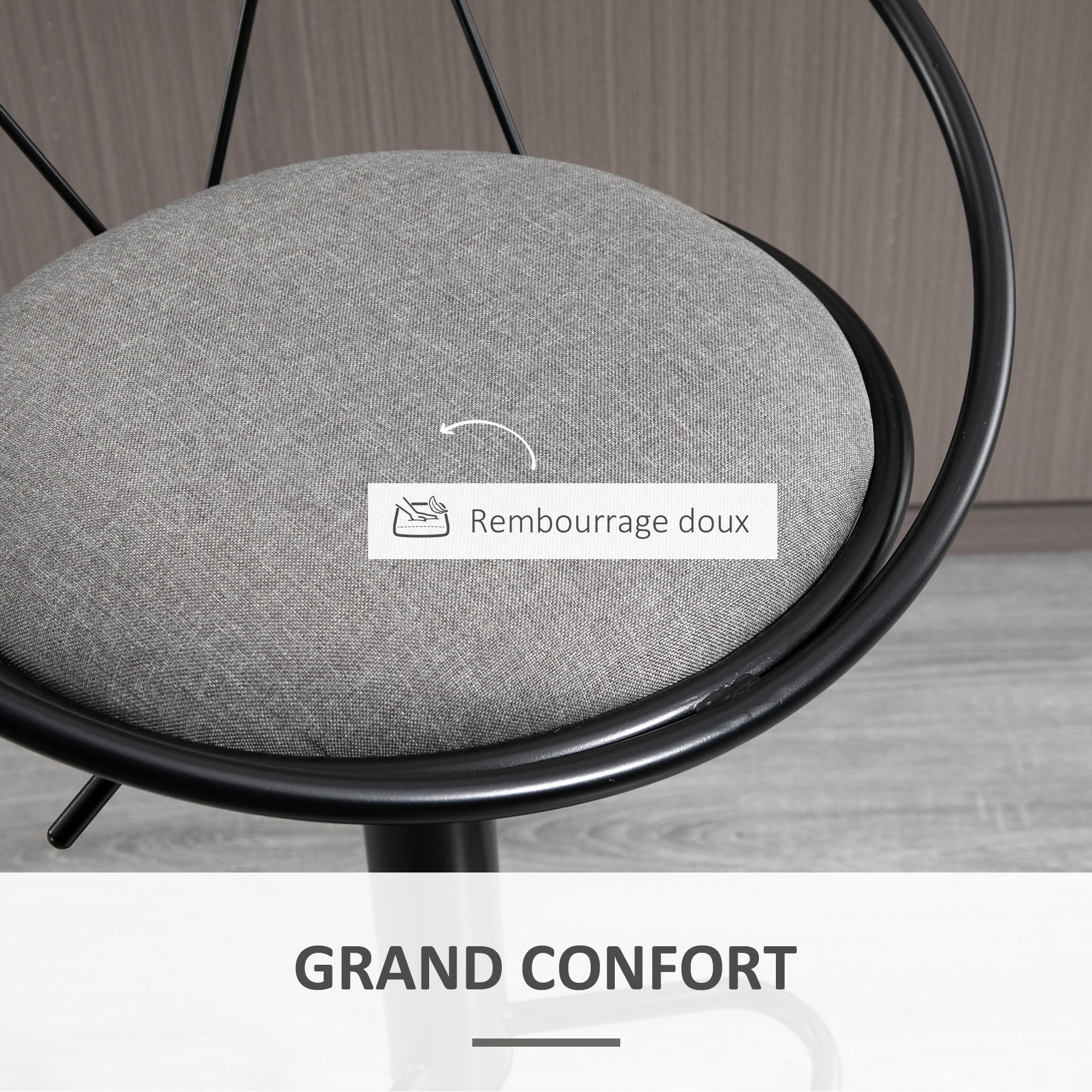 Lot de 2 tabourets de Bar Design néo-rétro réglable pivotant avec Repose-Pied métal Noir Lin Gris