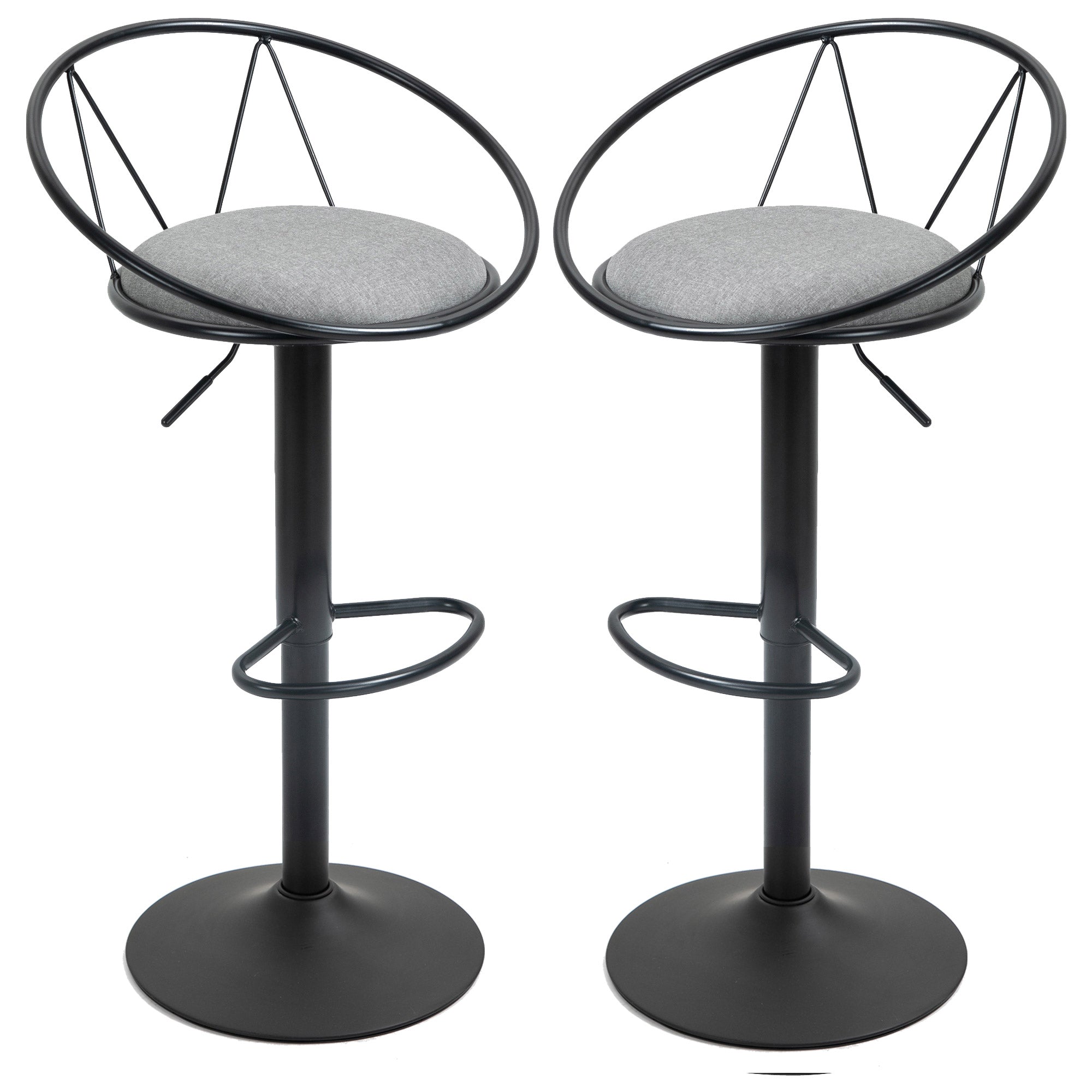 Lot de 2 tabourets de Bar Design néo-rétro réglable pivotant avec Repose-Pied métal Noir Lin Gris