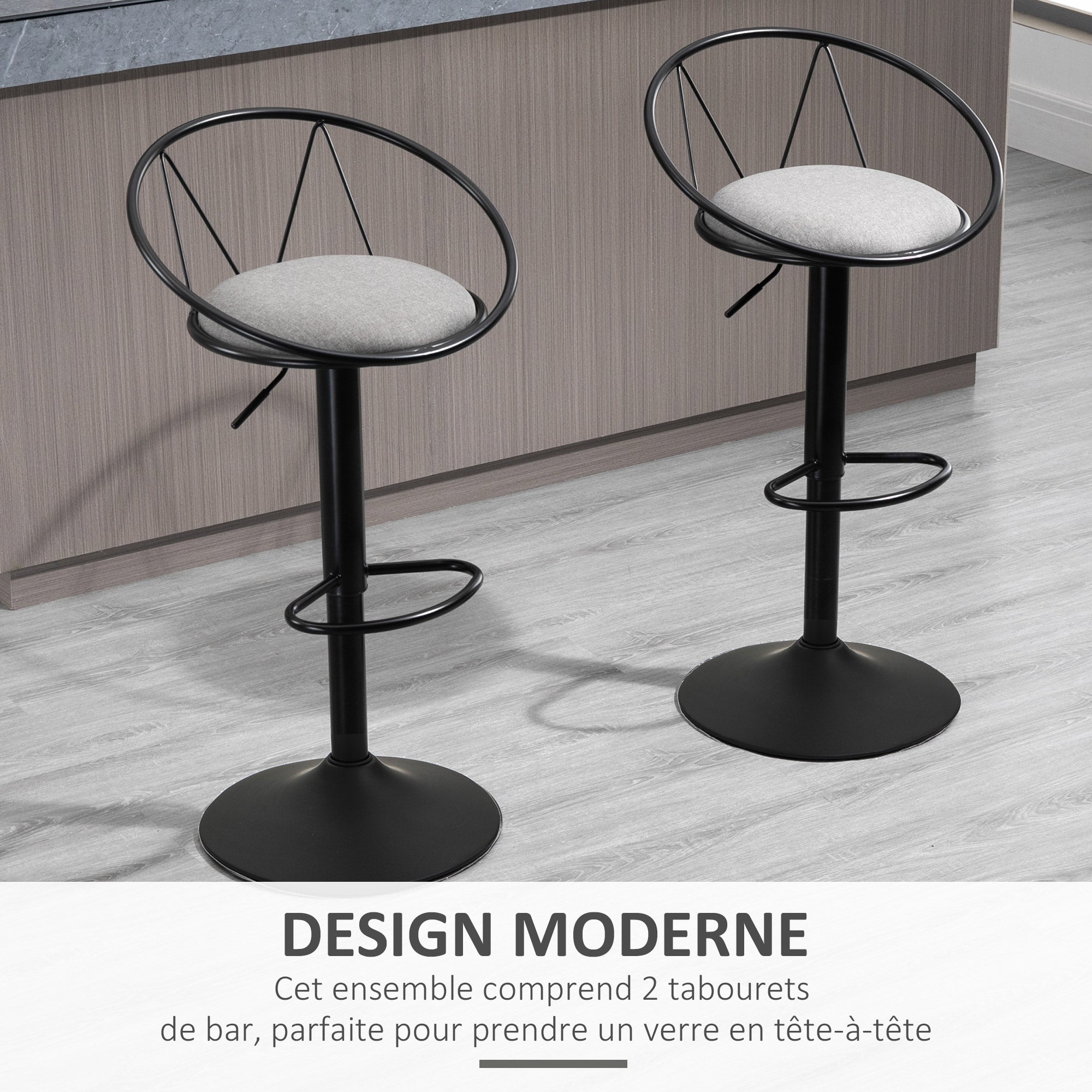 Lot de 2 tabourets de Bar Design néo-rétro réglable pivotant avec Repose-Pied métal Noir Lin Gris