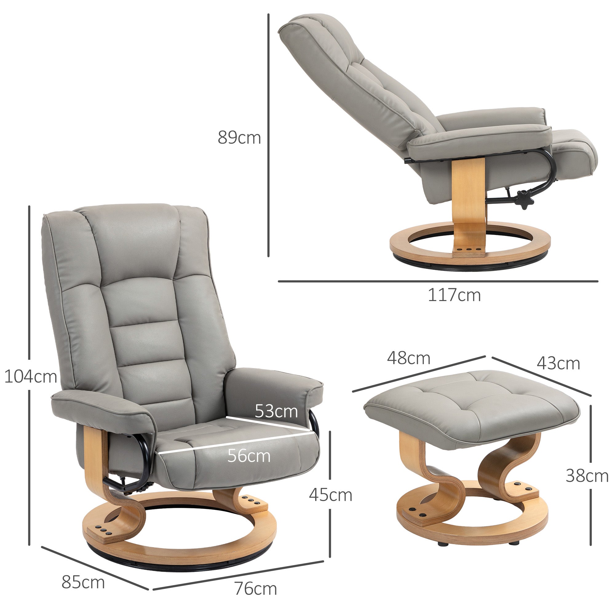Fauteuil de relaxation inclinable avec repose-pied fauteuil relax de salon pivotant, cadre en bois revêtement synthétique 76 x 85 x 104 cm gris