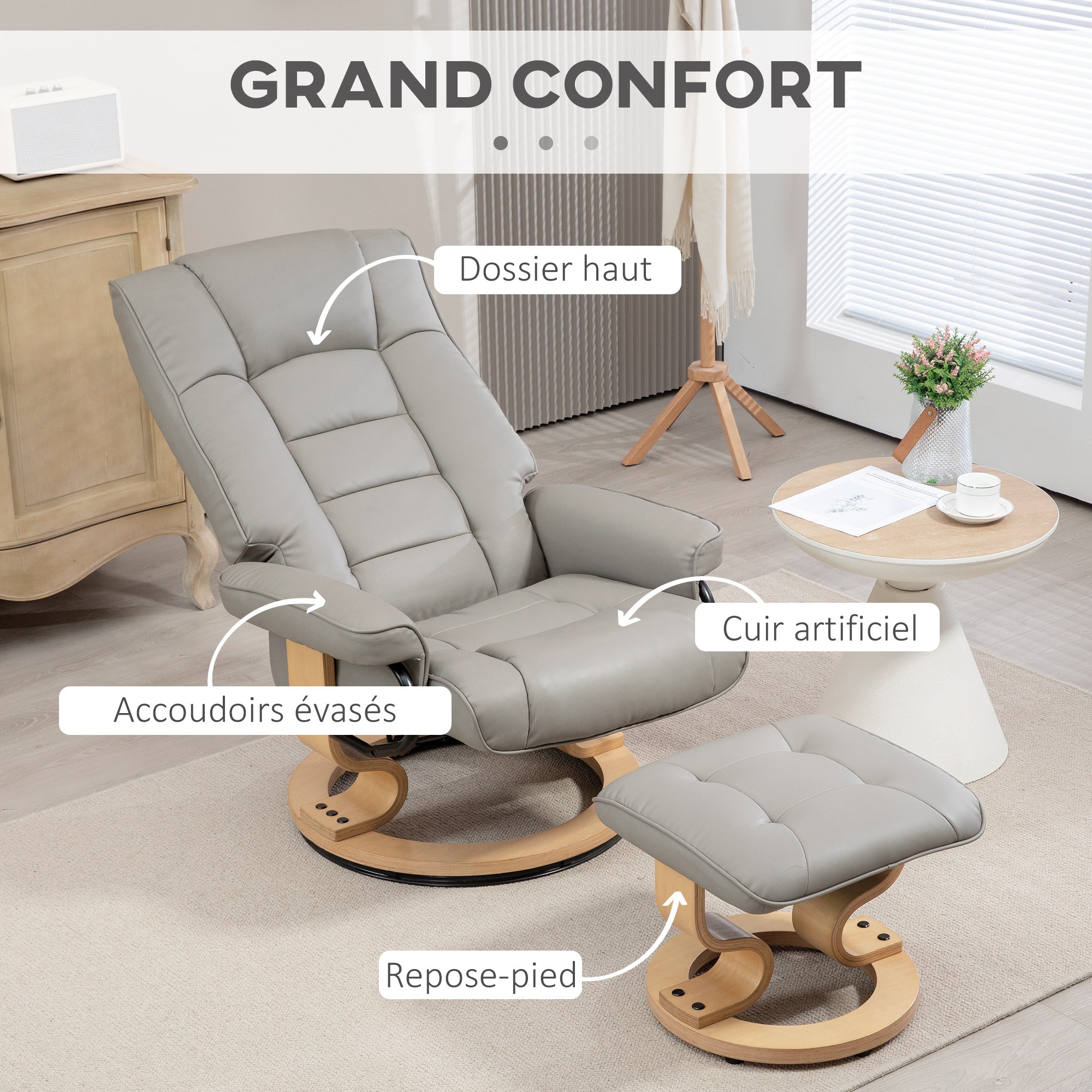 Fauteuil de relaxation inclinable avec repose-pied fauteuil relax de salon pivotant, cadre en bois revêtement synthétique 76 x 85 x 104 cm gris
