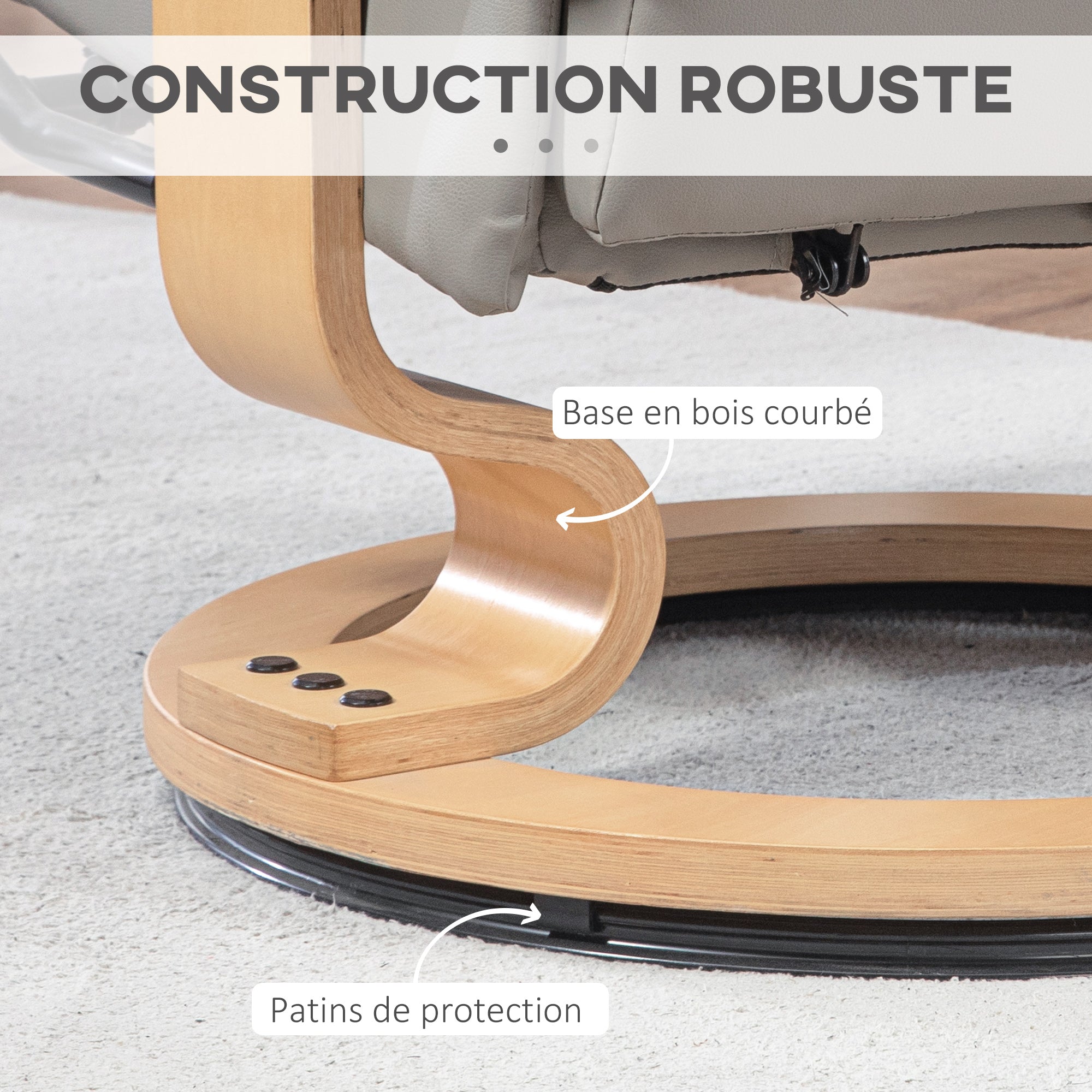 Fauteuil de relaxation inclinable avec repose-pied fauteuil relax de salon pivotant, cadre en bois revêtement synthétique 76 x 85 x 104 cm gris