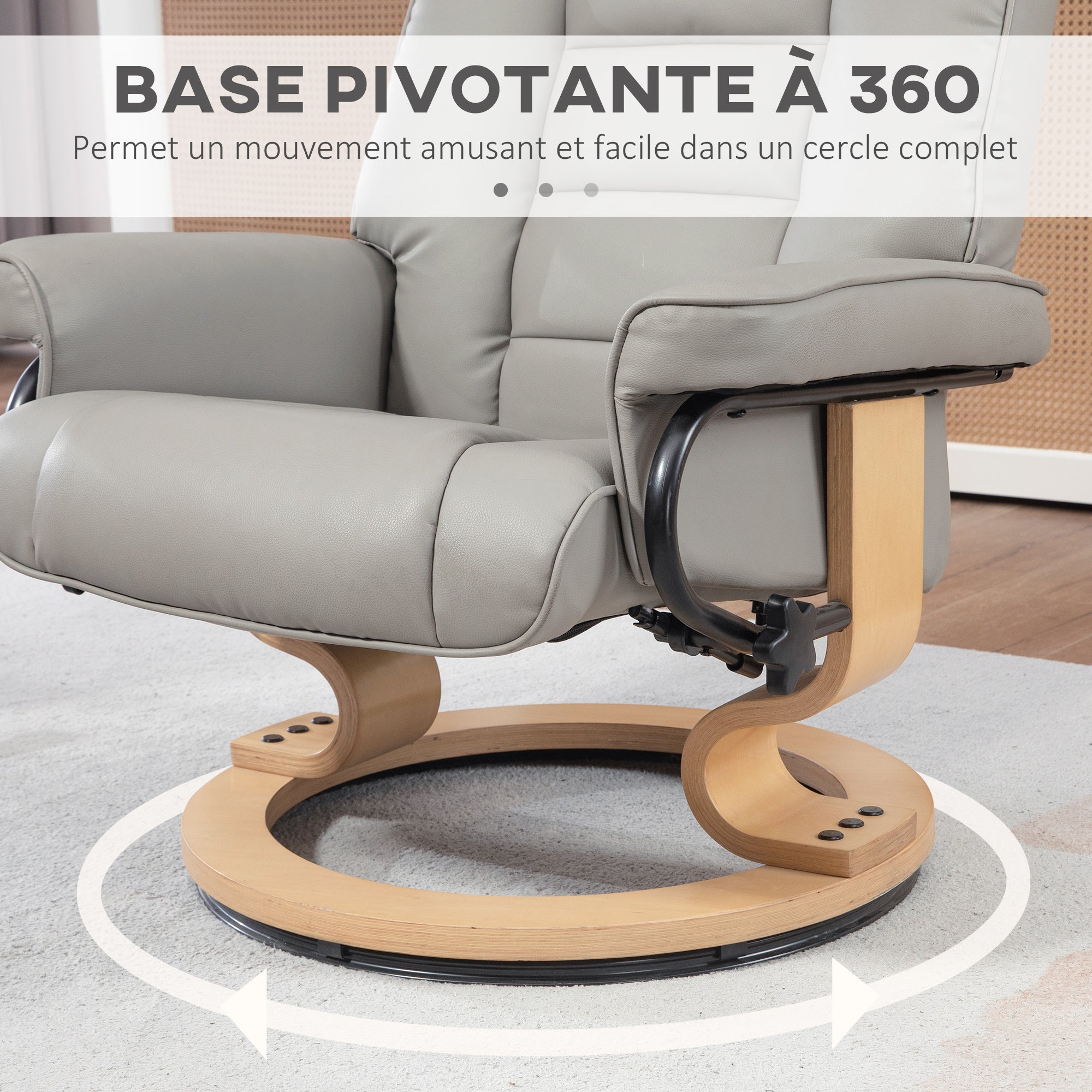 Fauteuil de relaxation inclinable avec repose-pied fauteuil relax de salon pivotant, cadre en bois revêtement synthétique 76 x 85 x 104 cm gris