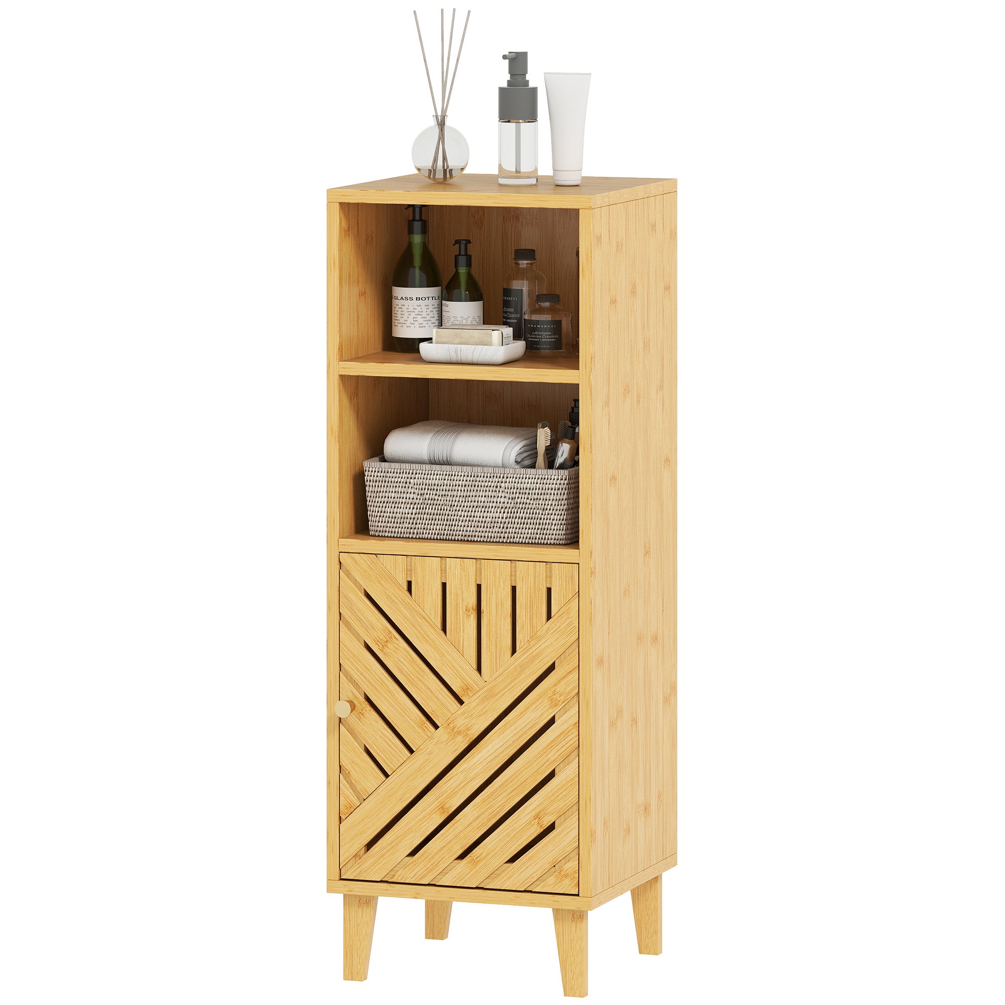 Meuble de salle de bain, meuble de rangement, armoire salle de bain avec 1 placard, 2 compartiment ouvert, porte et pieds en bambou, 32 x 30 x 90 cm, effet bois naturel