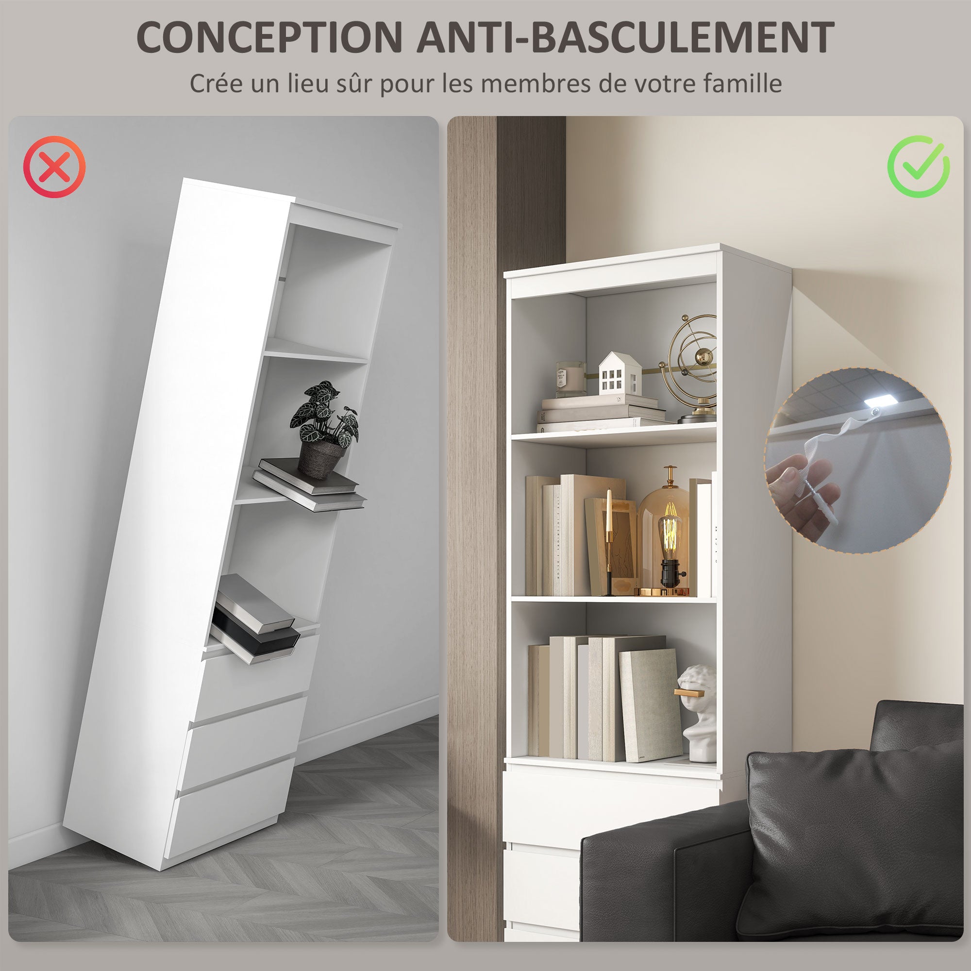 Bibliothèque meuble de rangement haute de 180 cm avec 3 étagères et 3 tiroirs en bois 60 x 35 x 180 cm blanc