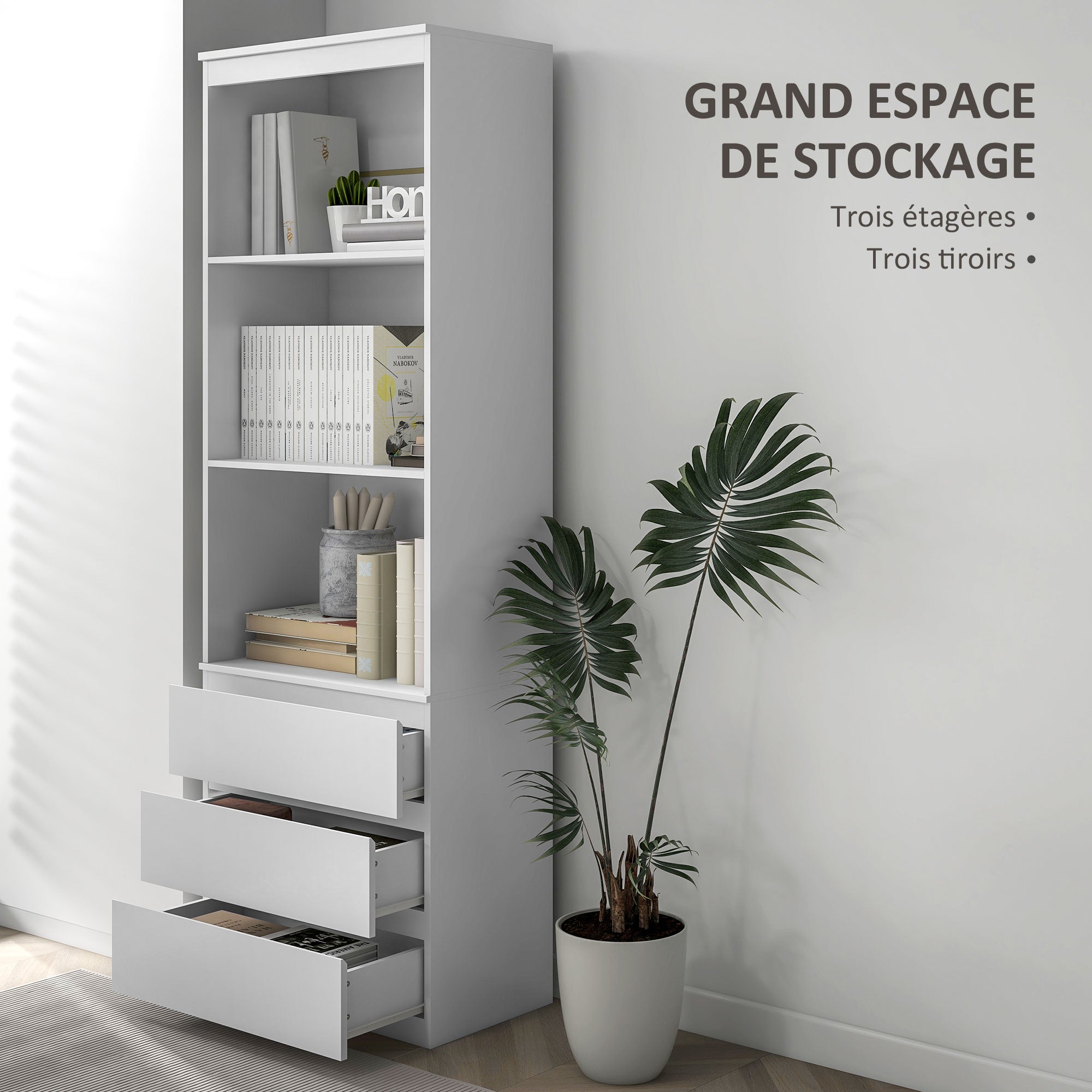 Bibliothèque meuble de rangement haute de 180 cm avec 3 étagères et 3 tiroirs en bois 60 x 35 x 180 cm blanc