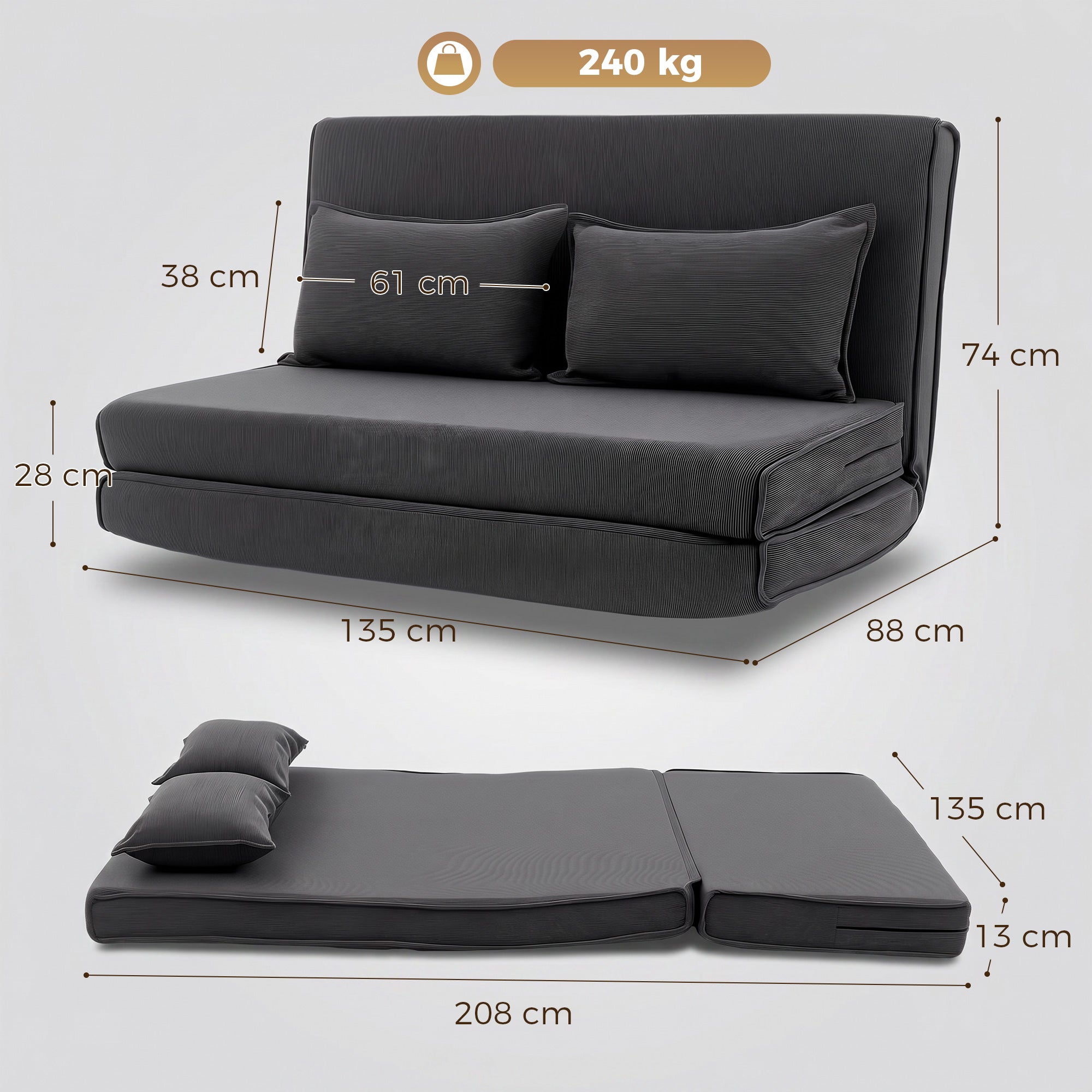Canapé-Lit Pliant, Chauffeuse 2 Places Convertible Velours Côtelé, Matelas Pliable, Dossier Réglable, Assise Large, Coussin Épais et 2 Oreillers, pour Salon, Chambre et Bureau, Gris Foncé