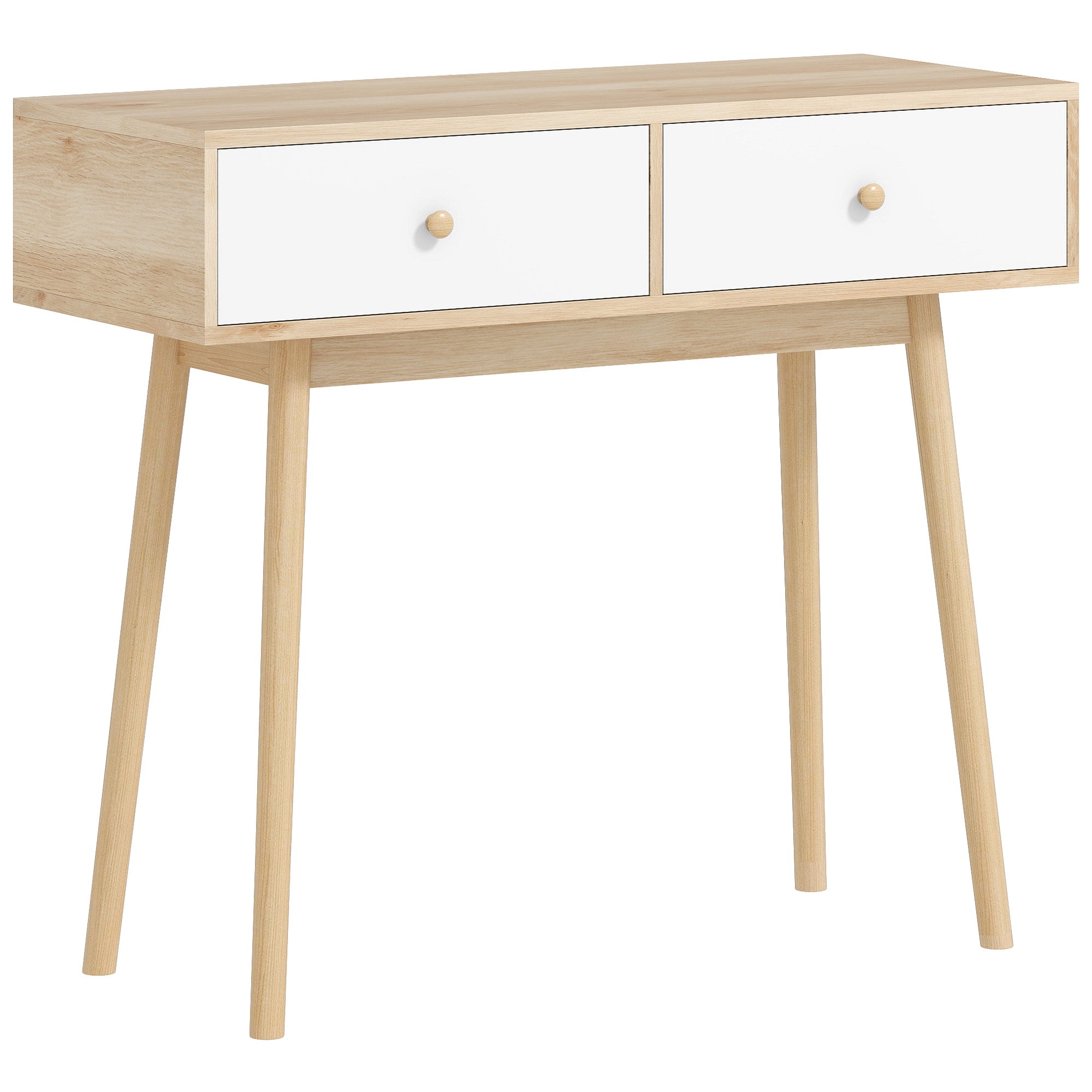 Console meuble, table console, console entrée style moderne, table d'entrée étroite avec 2 tiroirs et pieds en bois, bout de canapé, pour salon, entrée, couloir, 86 x 35 x 75 cm, chêne et blanc
