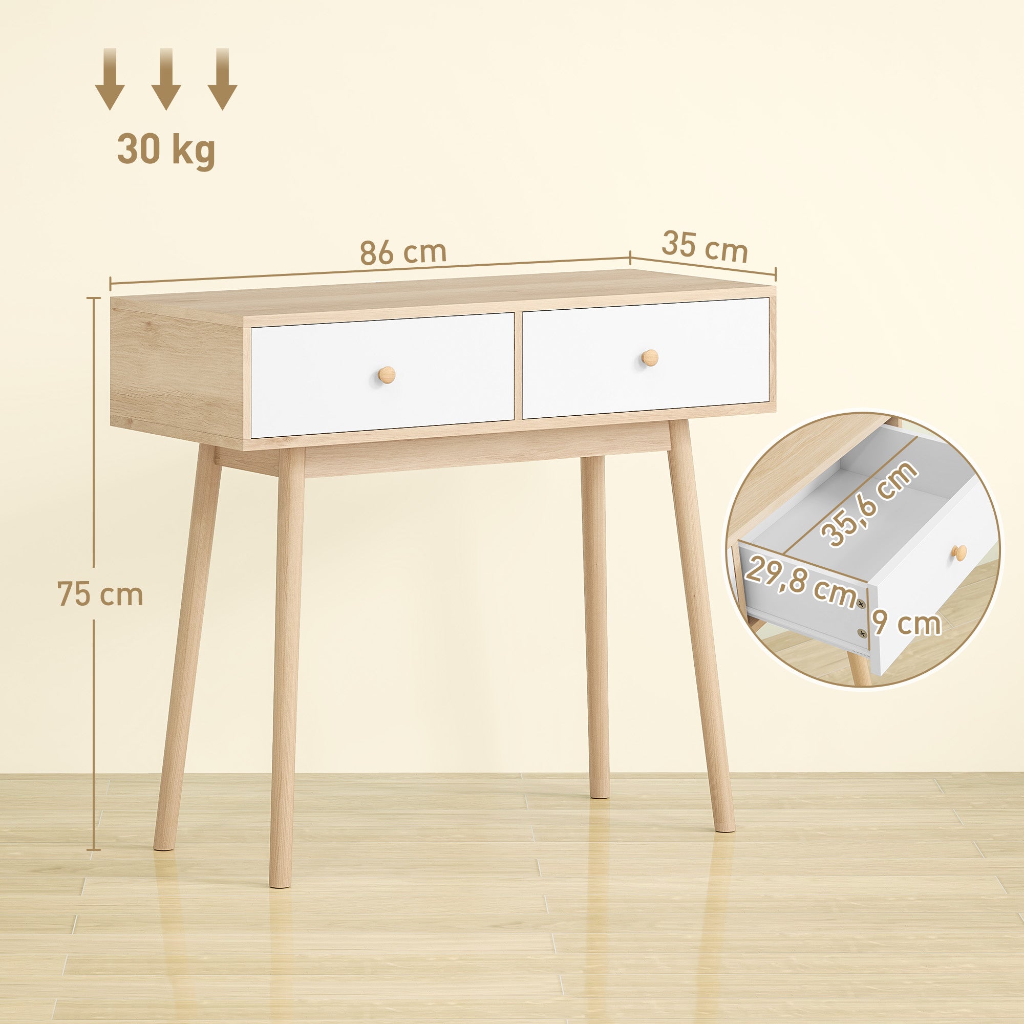 Console meuble, table console, console entrée style moderne, table d'entrée étroite avec 2 tiroirs et pieds en bois, bout de canapé, pour salon, entrée, couloir, 86 x 35 x 75 cm, chêne et blanc