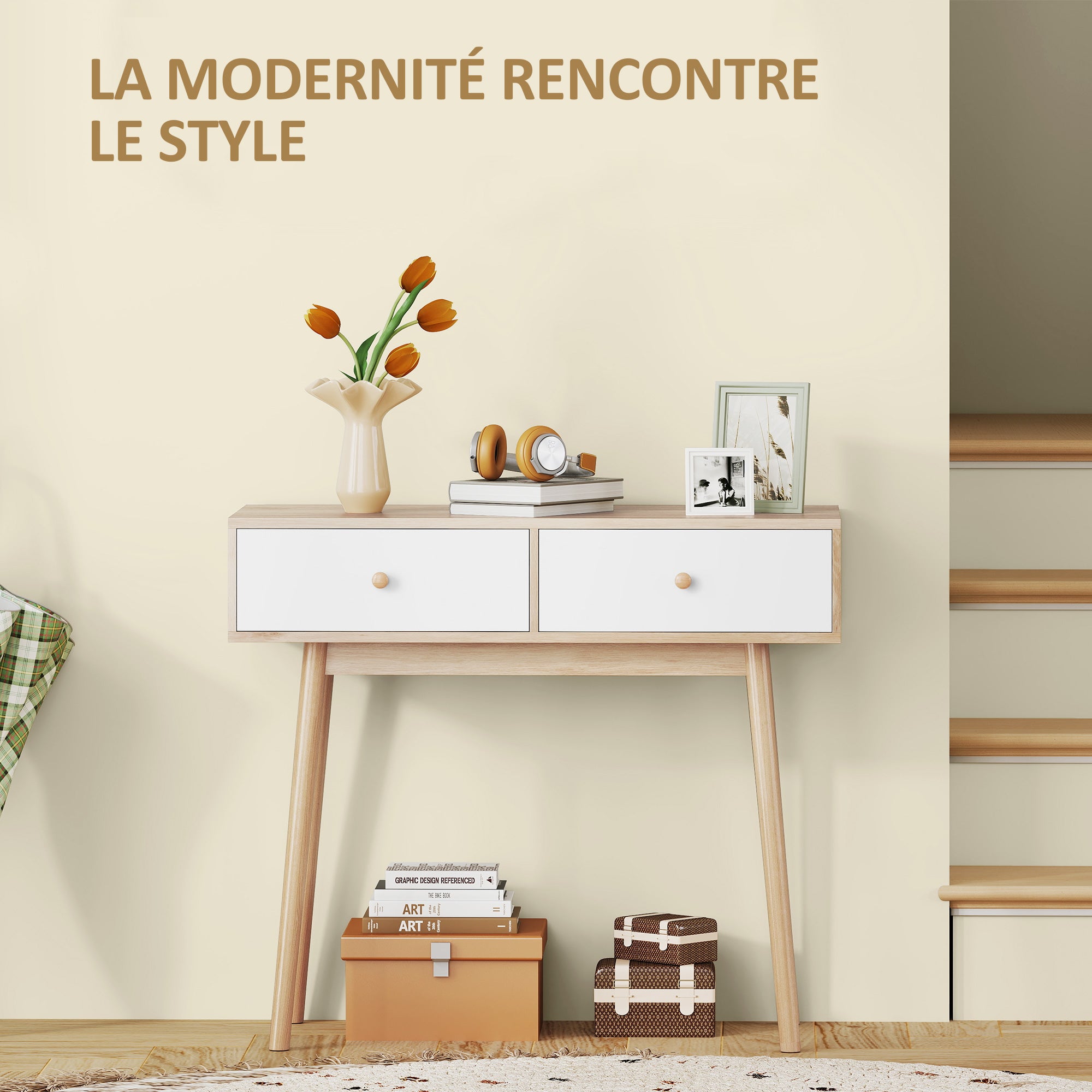 Console meuble, table console, console entrée style moderne, table d'entrée étroite avec 2 tiroirs et pieds en bois, bout de canapé, pour salon, entrée, couloir, 86 x 35 x 75 cm, chêne et blanc
