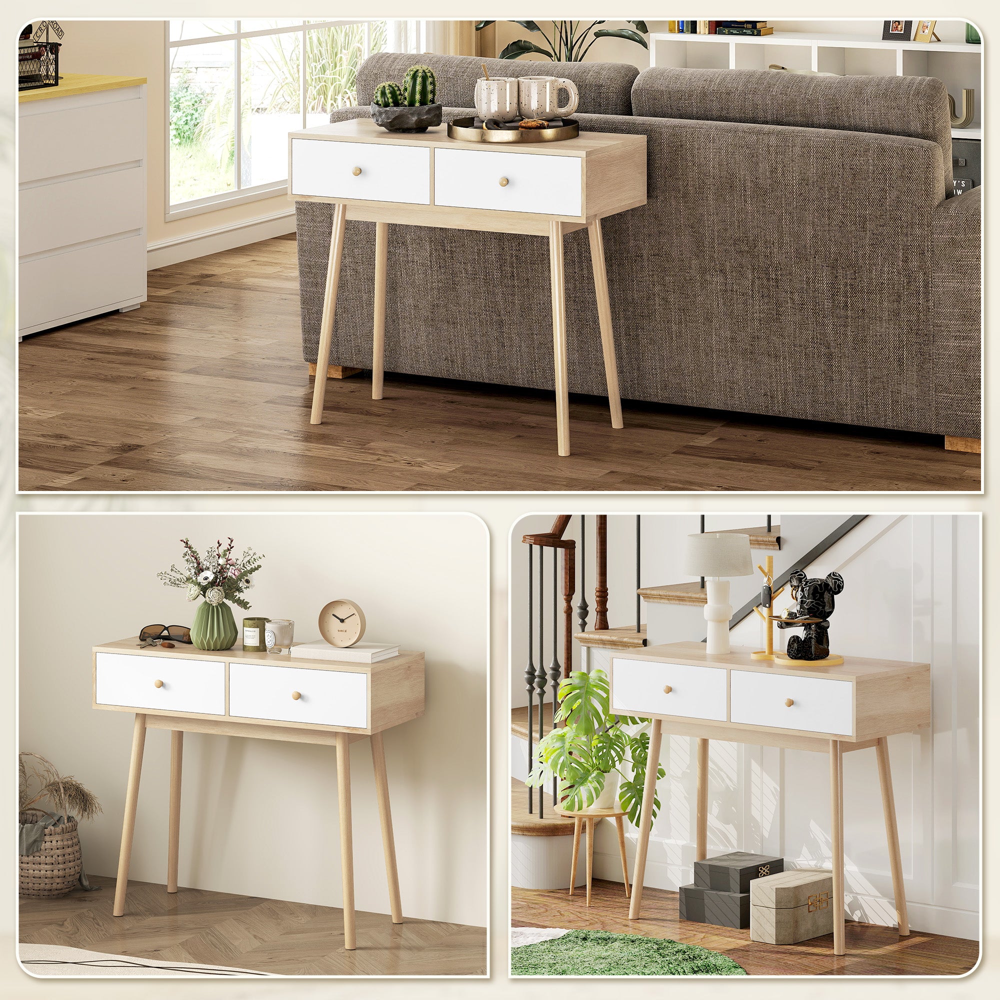 Console meuble, table console, console entrée style moderne, table d'entrée étroite avec 2 tiroirs et pieds en bois, bout de canapé, pour salon, entrée, couloir, 86 x 35 x 75 cm, chêne et blanc