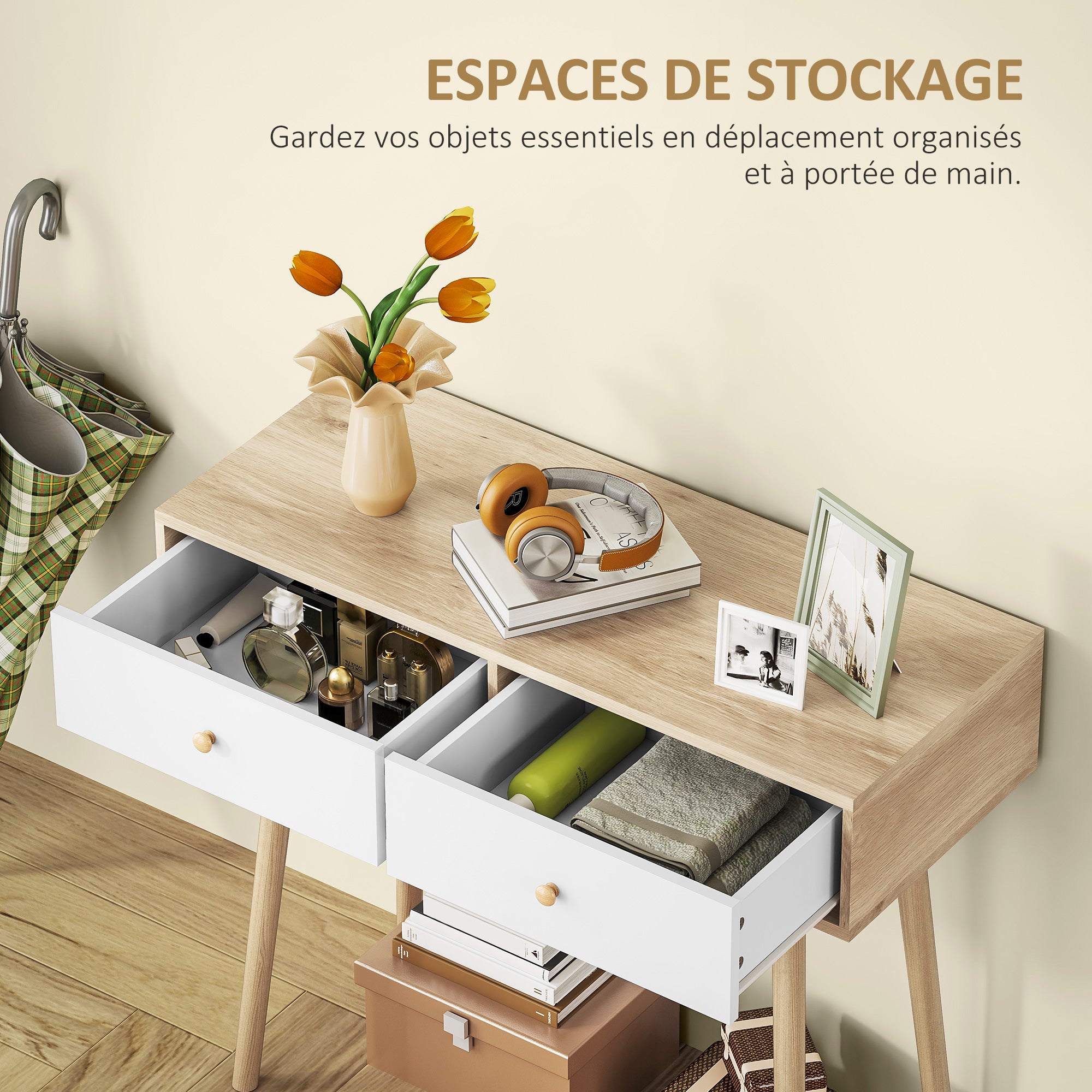 Console meuble, table console, console entrée style moderne, table d'entrée étroite avec 2 tiroirs et pieds en bois, bout de canapé, pour salon, entrée, couloir, 86 x 35 x 75 cm, chêne et blanc