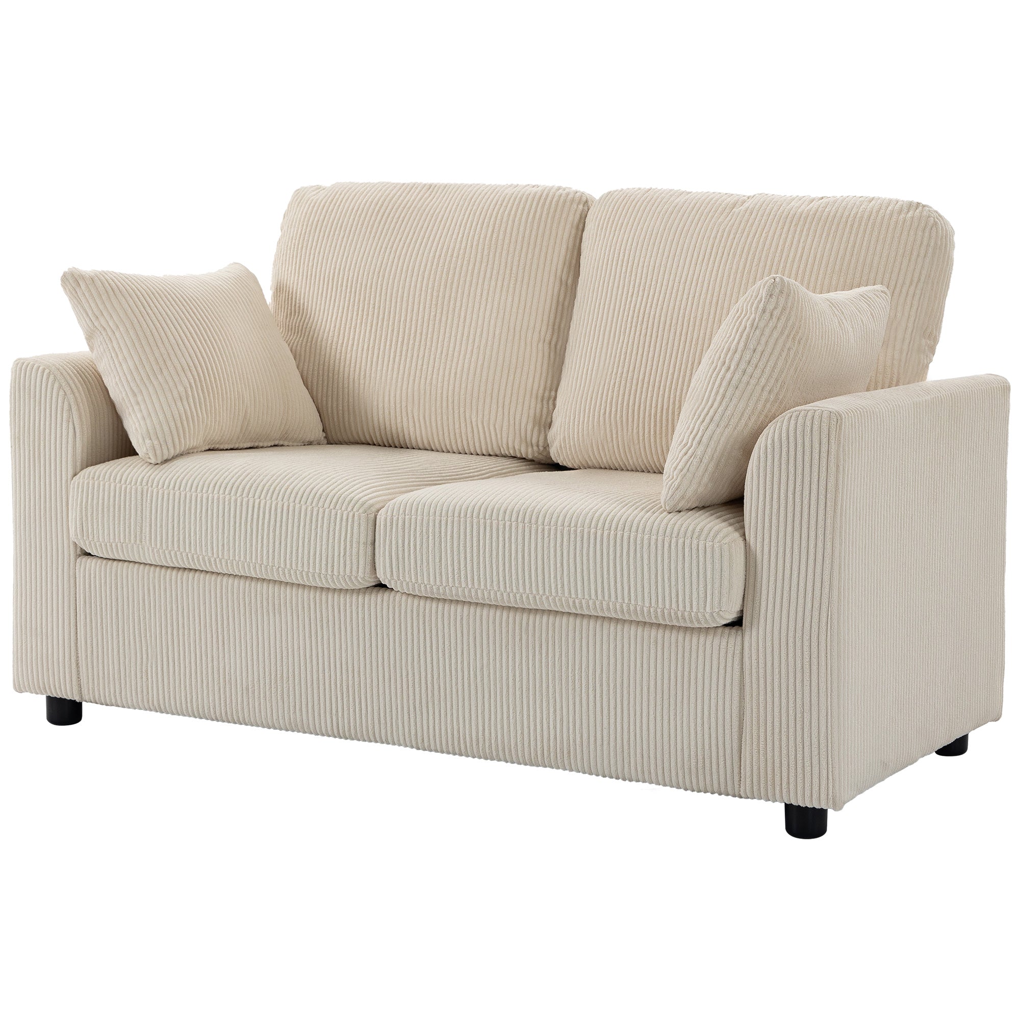 Canapé 2 Places en Velours Côtelé, Canapé de Salon 144 cm avec Assise Large Rembourrée, Coussin Épais à Ressorts, 2 Oreillers, Style Moderne, pour Chambre, Appartement, Petit Espace, Beige