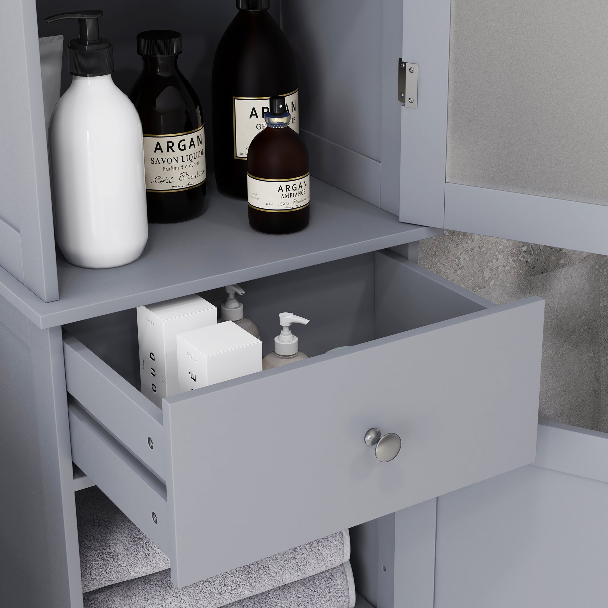 Meuble Colonne de Salle de Bain Placard Porte Acrylique 2 étagères Placard Porte 1 étagère tiroir MDF Gris