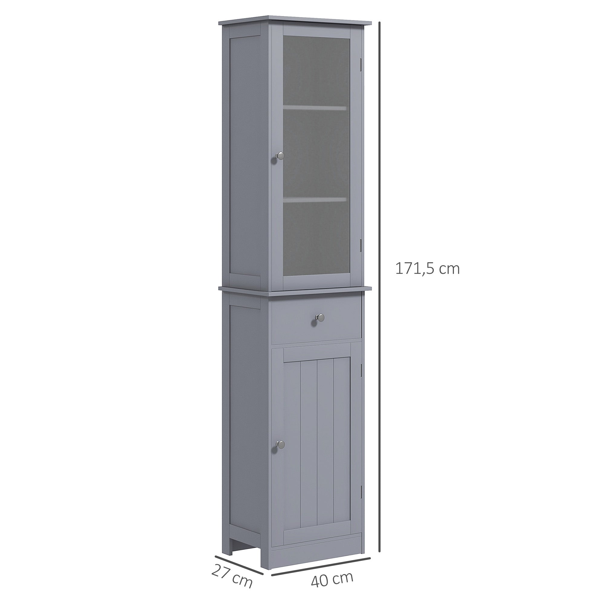 Meuble Colonne de Salle de Bain Placard Porte Acrylique 2 étagères Placard Porte 1 étagère tiroir MDF Gris
