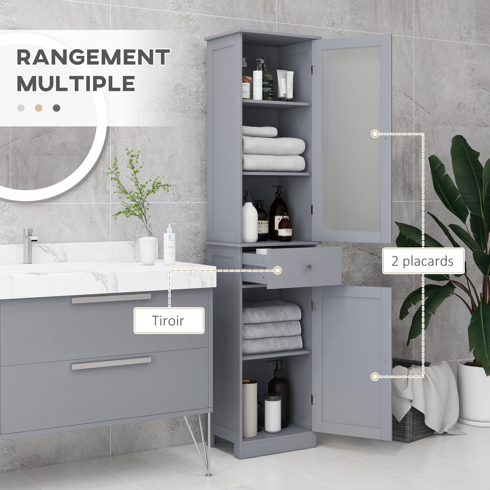 Meuble Colonne de Salle de Bain Placard Porte Acrylique 2 étagères Placard Porte 1 étagère tiroir MDF Gris
