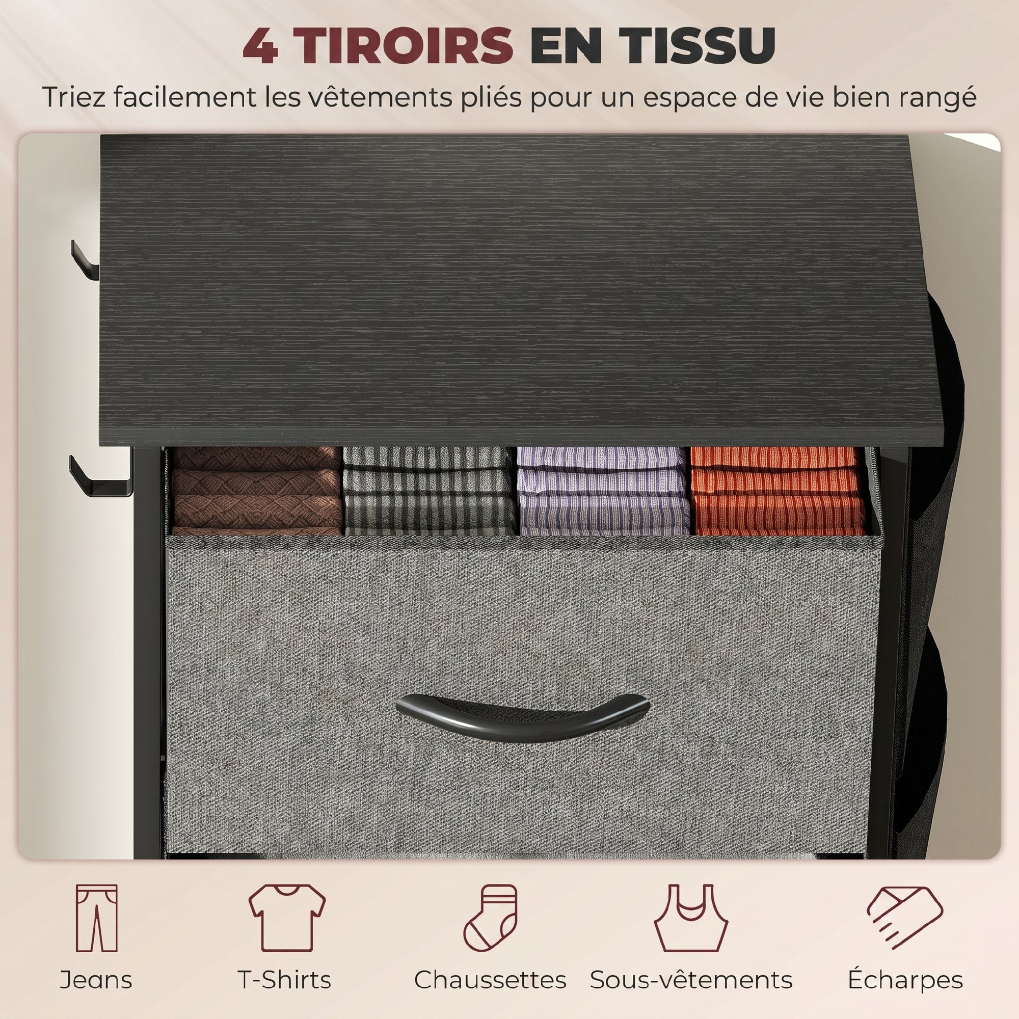 Commode 4 tiroirs en tissu, meuble de rangement avec 4 poches, 2 crochets, structure en acier, chiffonnier pour salon, chambre, entrée, gris