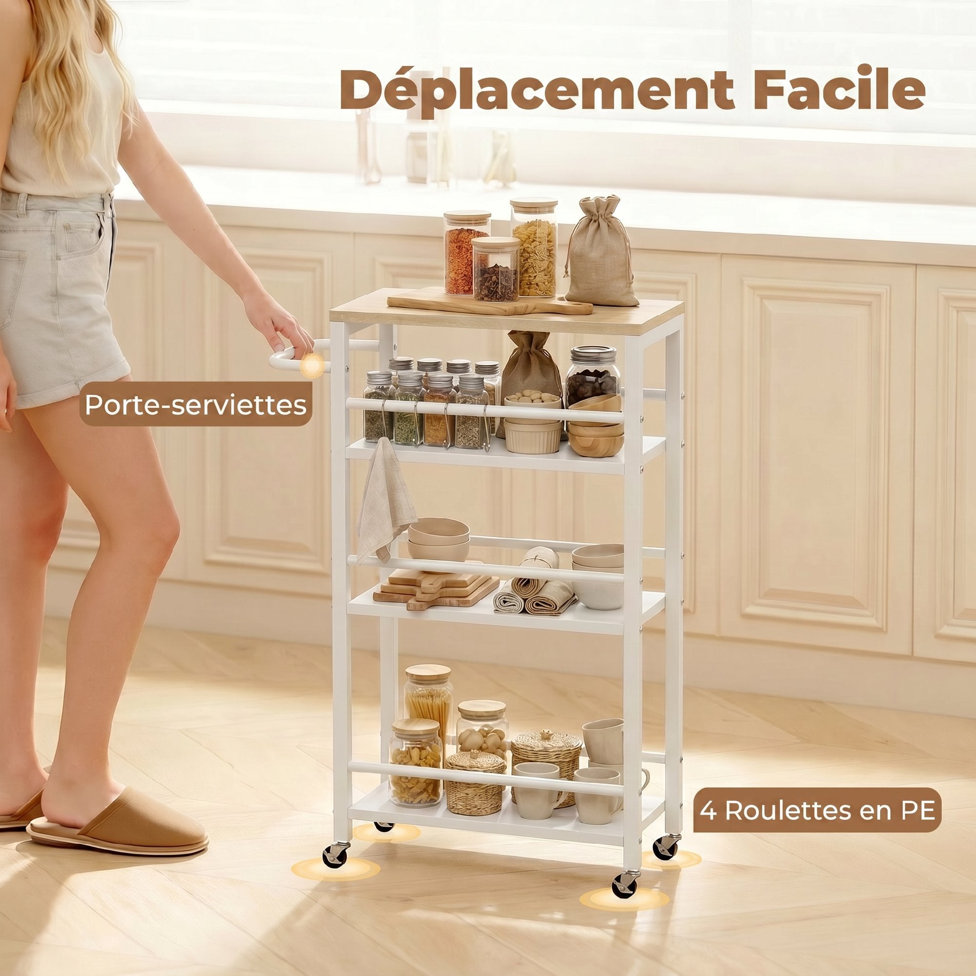 Desserte cuisine 4 niveaux, chariot de service, chariot de rangement à roulettes avec porte-serviettes et 6 crochets, pour salon, cuisine, salle à manger, salle de bain, chêne