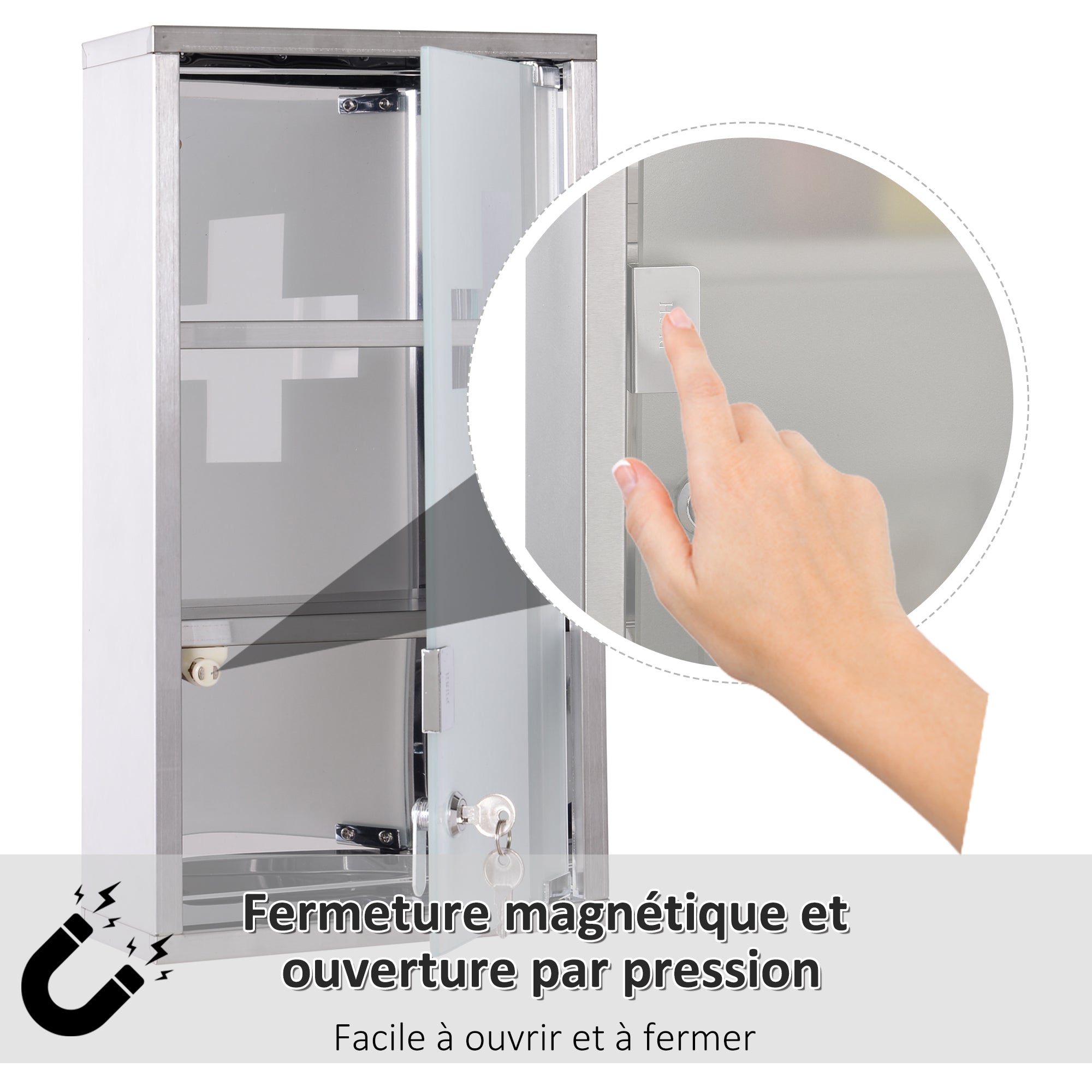 Armoire à Pharmacie 2 étagères 3 Niveaux verrouillable Porte Verre trempé dépoli Logo Croix 25L x 12l x 48H cm Acier INOX