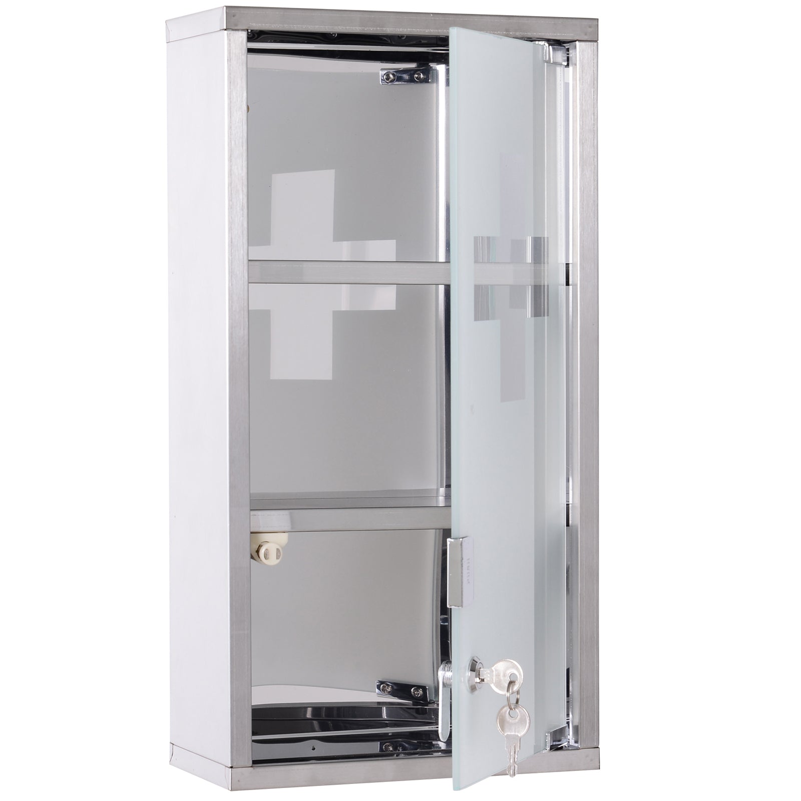 Armoire à Pharmacie 2 étagères 3 Niveaux verrouillable Porte Verre trempé dépoli Logo Croix 25L x 12l x 48H cm Acier INOX