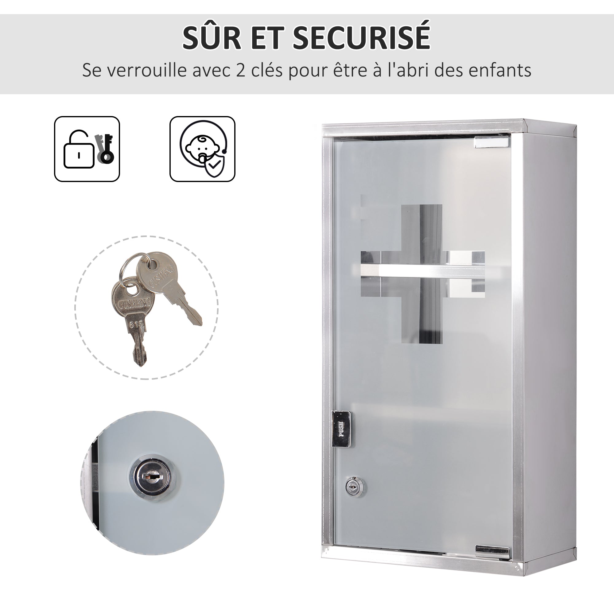 Armoire à Pharmacie 2 étagères 3 Niveaux verrouillable Porte Verre trempé dépoli Logo Croix 25L x 12l x 48H cm Acier INOX