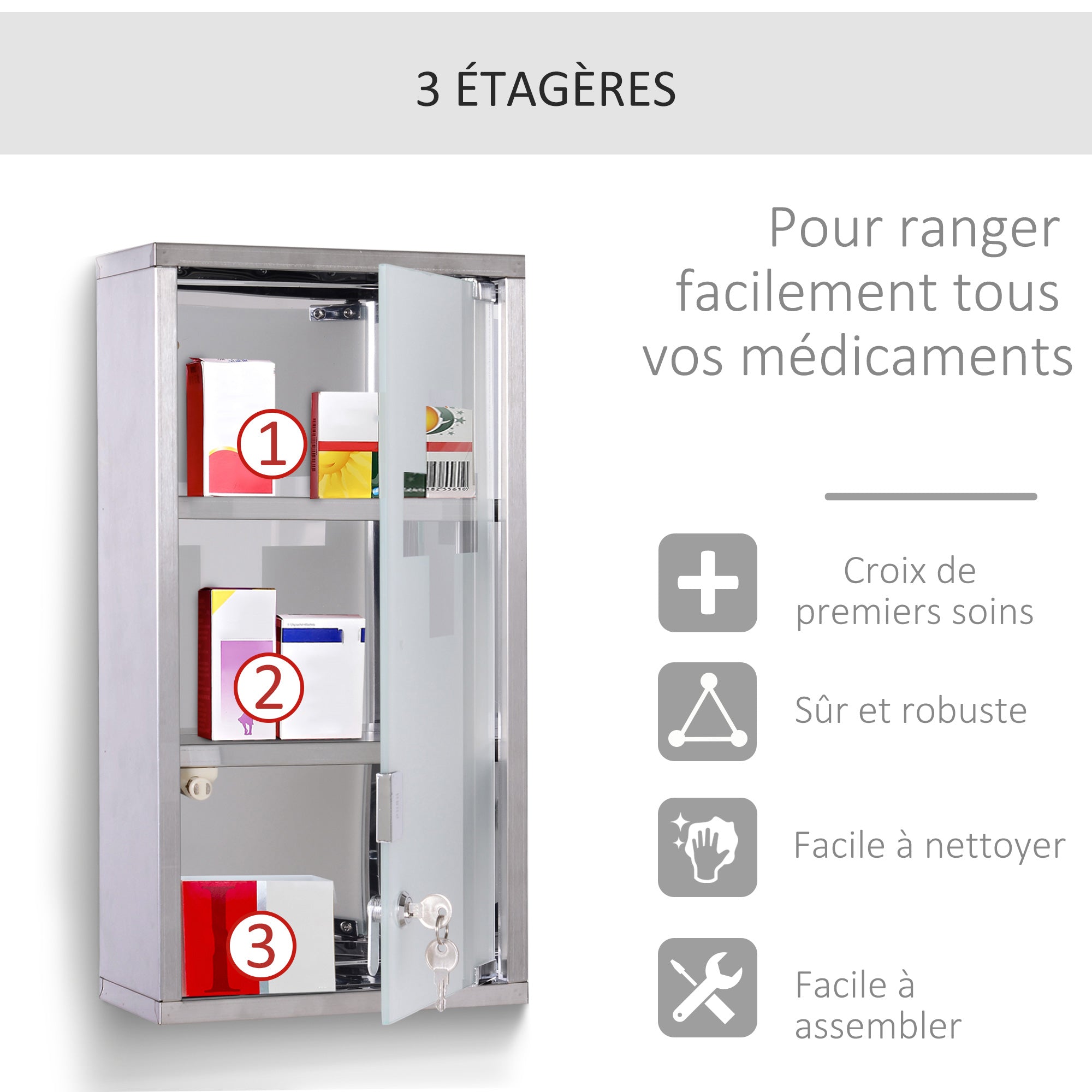 Armoire à Pharmacie 2 étagères 3 Niveaux verrouillable Porte Verre trempé dépoli Logo Croix 25L x 12l x 48H cm Acier INOX