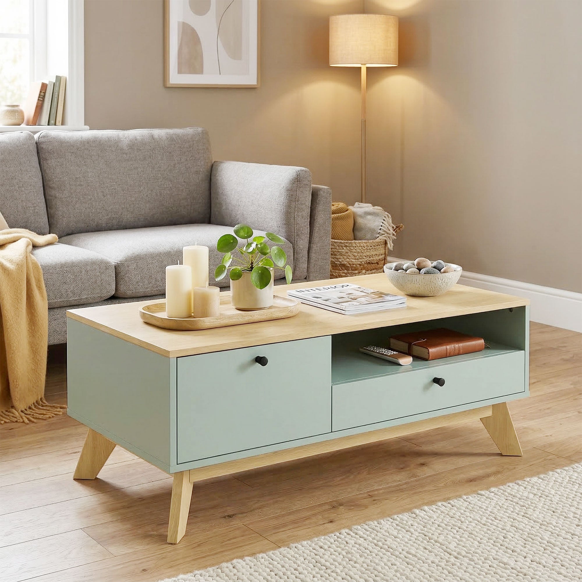 Table basse de salon, table d'appoint rectangulaire avec tiroir, porte et compartiment ouvert, style moderne, pour chambre, séjour et bureau, 100 x 50 x 40 cm, vert clair et chêne
