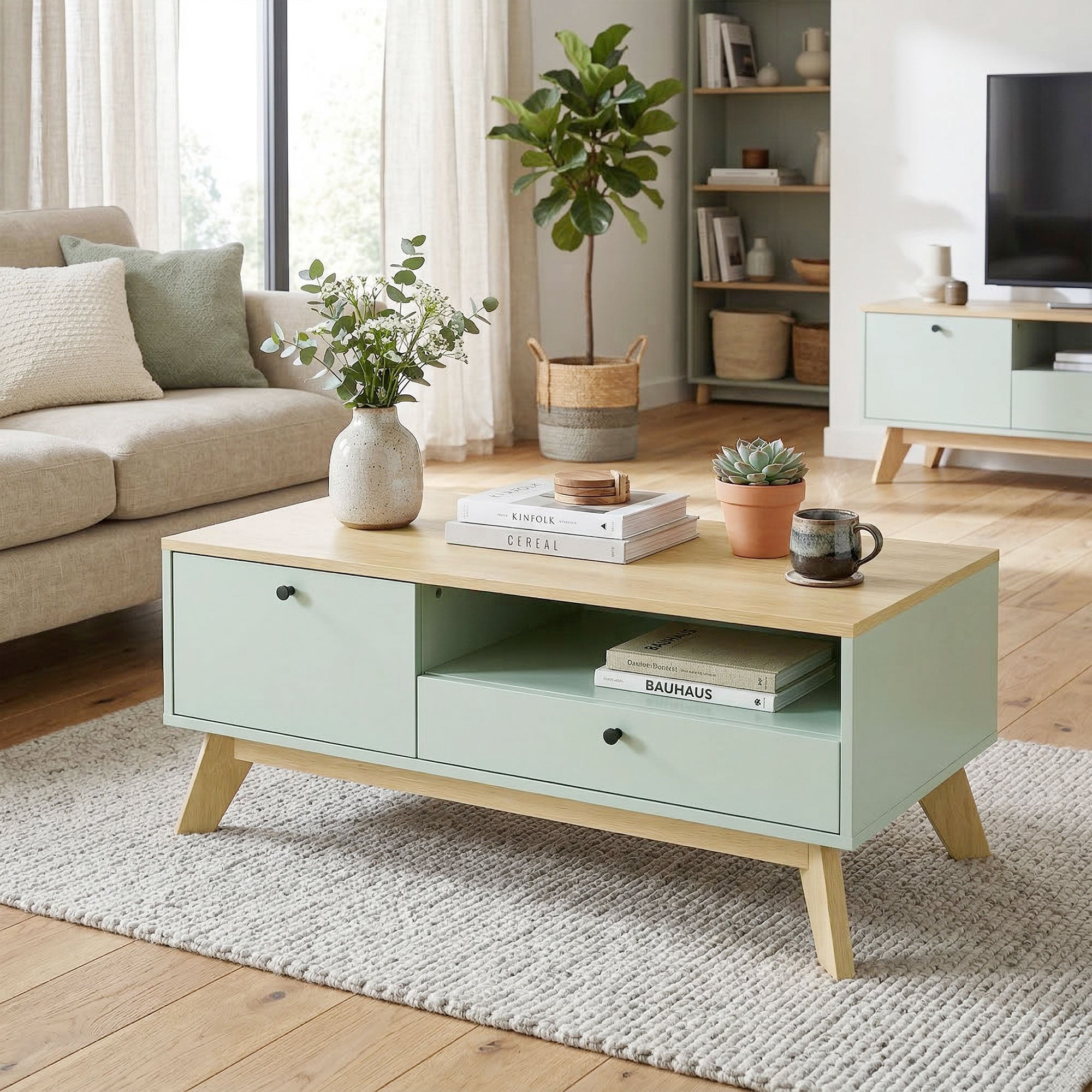 Table basse de salon, table d'appoint rectangulaire avec tiroir, porte et compartiment ouvert, style moderne, pour chambre, séjour et bureau, 100 x 50 x 40 cm, vert clair et chêne
