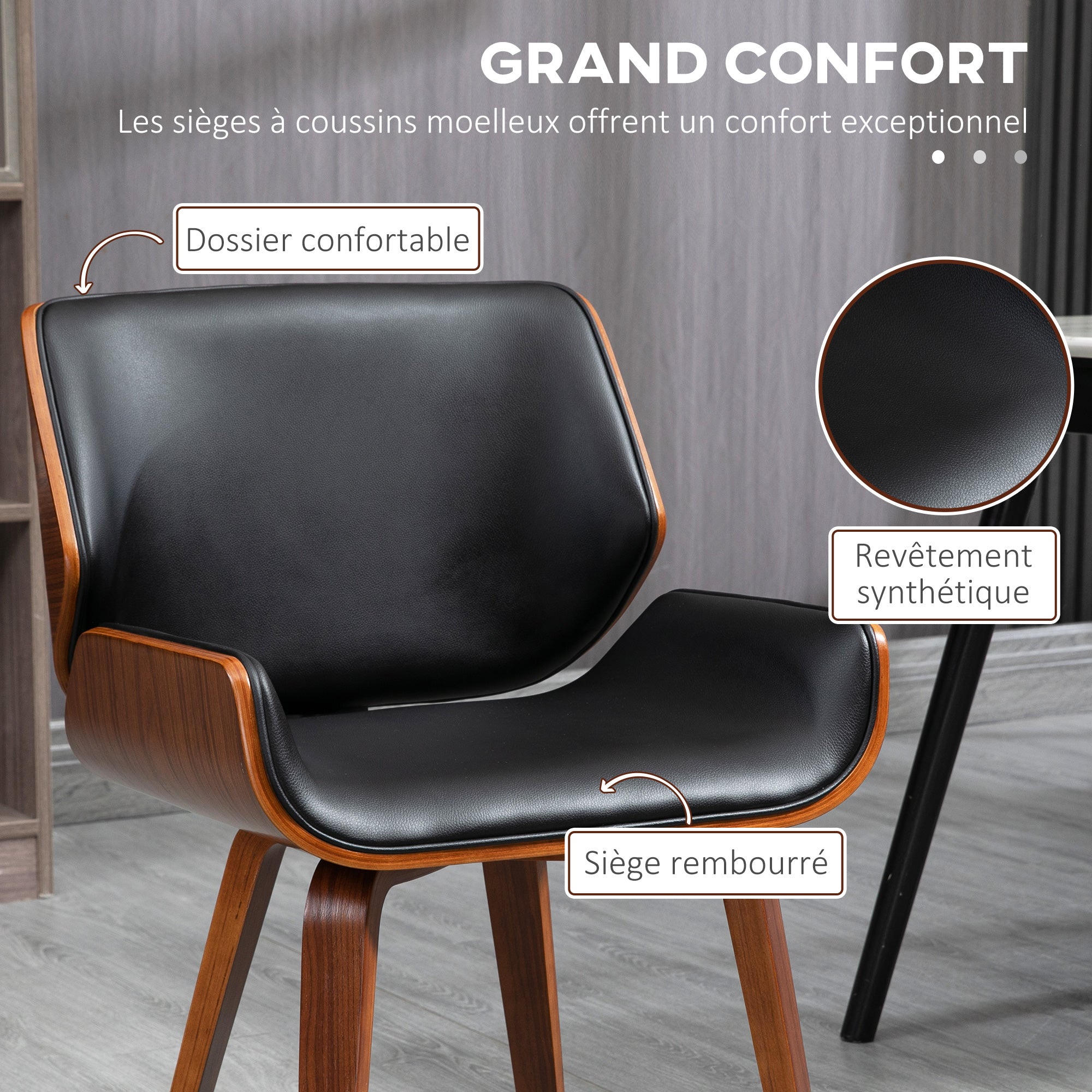 Lot de 2 chaises de salle à manger style vintage assise revêtement synthétique noir et pieds en bois