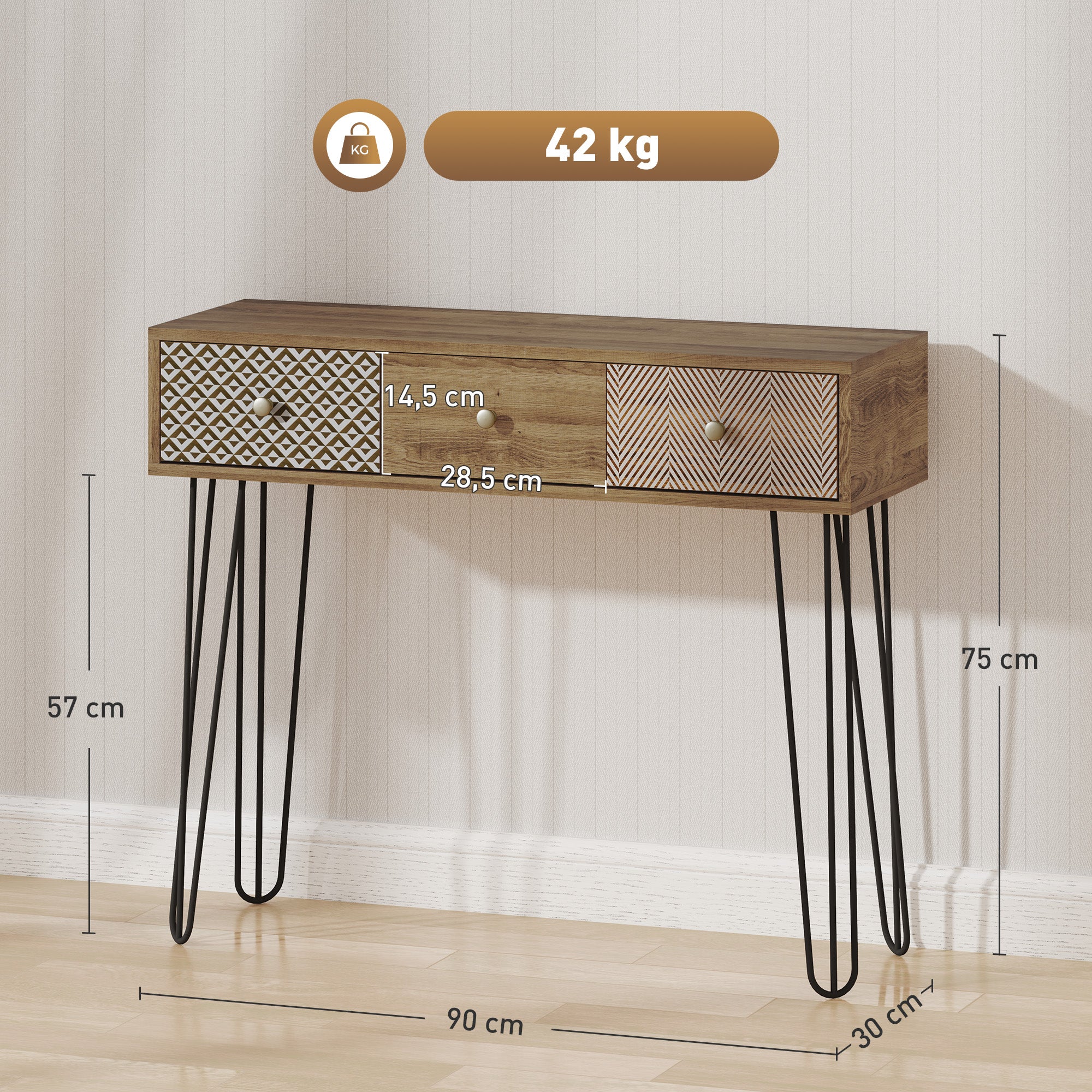 Console meuble, table console, console entrée style nordique, table d'entrée étroite avec 3 tiroirs et pieds en acier, bout de canapé, pour salon, entrée, couloir, marron