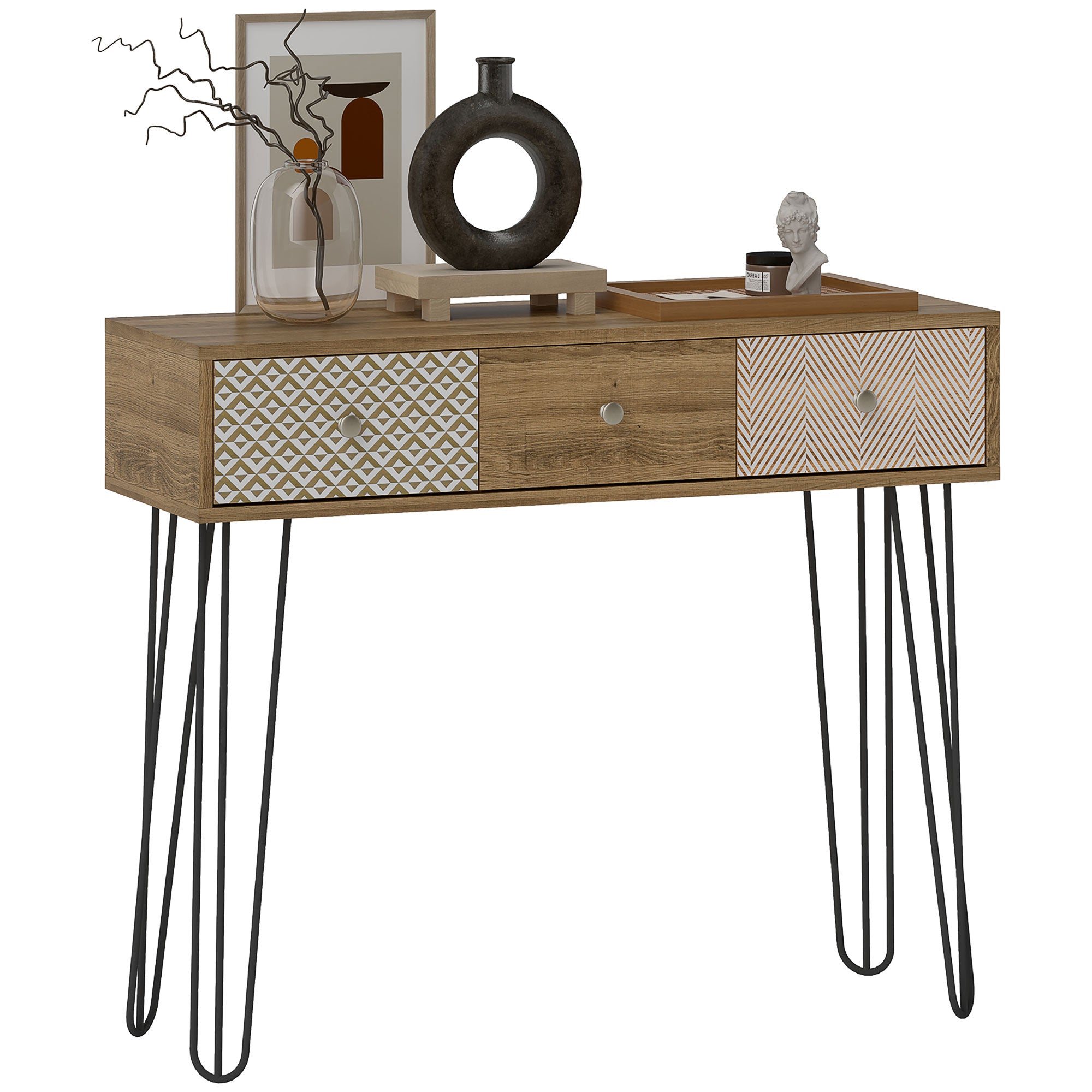 Console meuble, table console, console entrée style nordique, table d'entrée étroite avec 3 tiroirs et pieds en acier, bout de canapé, pour salon, entrée, couloir, marron