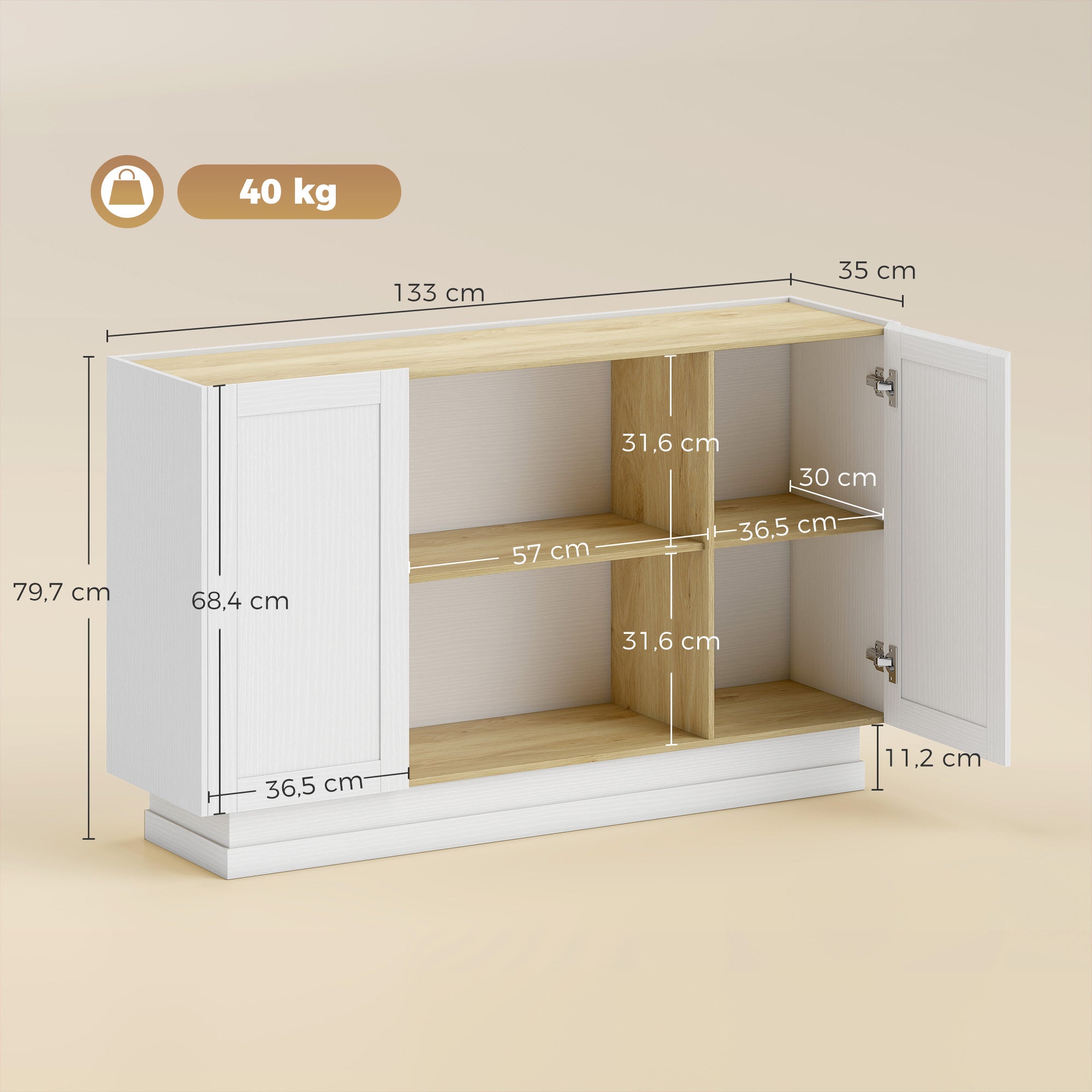 Buffet Cuisine, Meuble de Rangement avec 2 Portes et 2 Étagères Ouvertes, Style Rustique, Buffet Salle à Manger, Salon et Chambre, 133 x 35 x 79,7 cm, Bois Naturel et Blanc