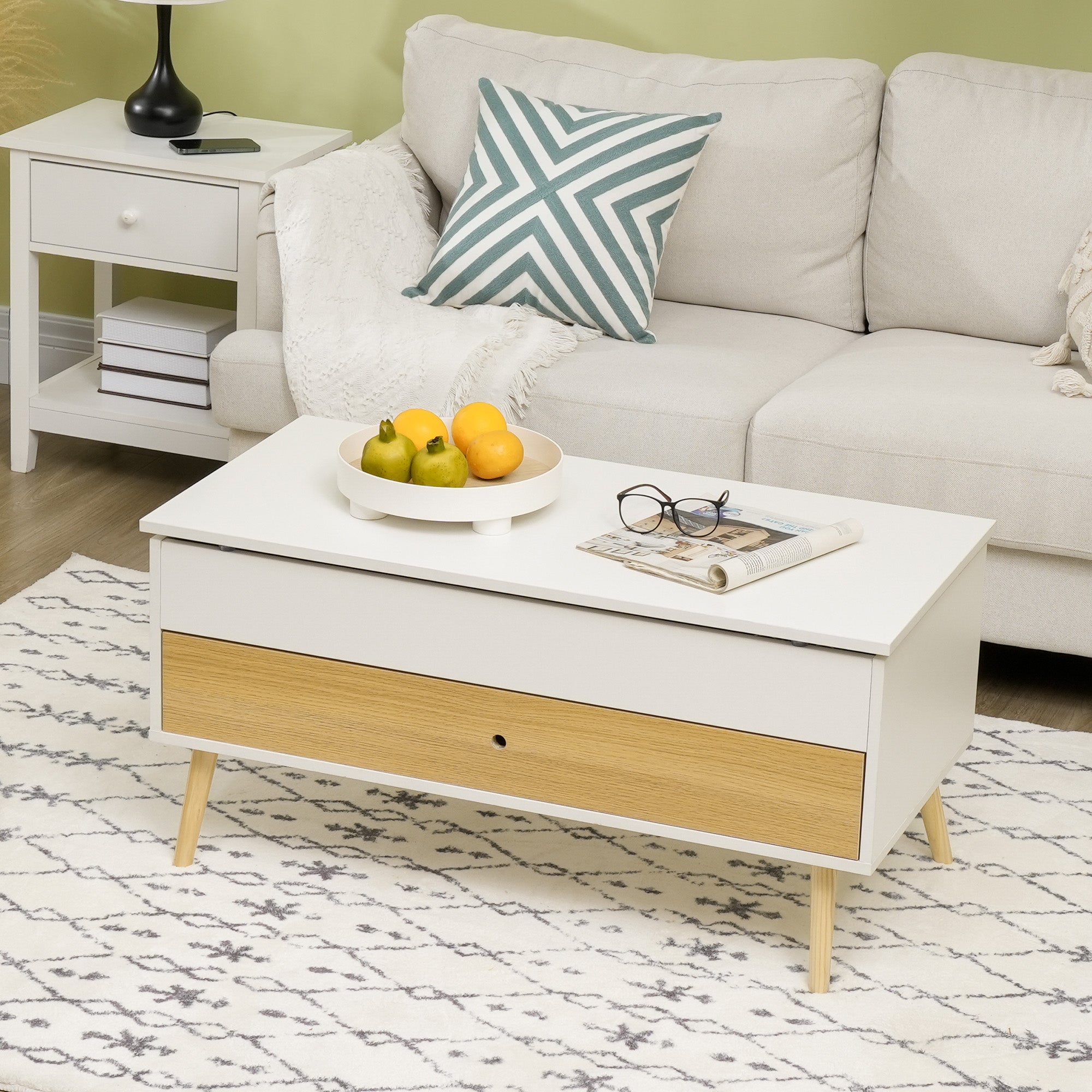 Table Basse relevable rectangulaire Table de Salon avec Plateau 1 tiroir et Coffre en Bois dim. 100L x 50l x 49H cm Blanc