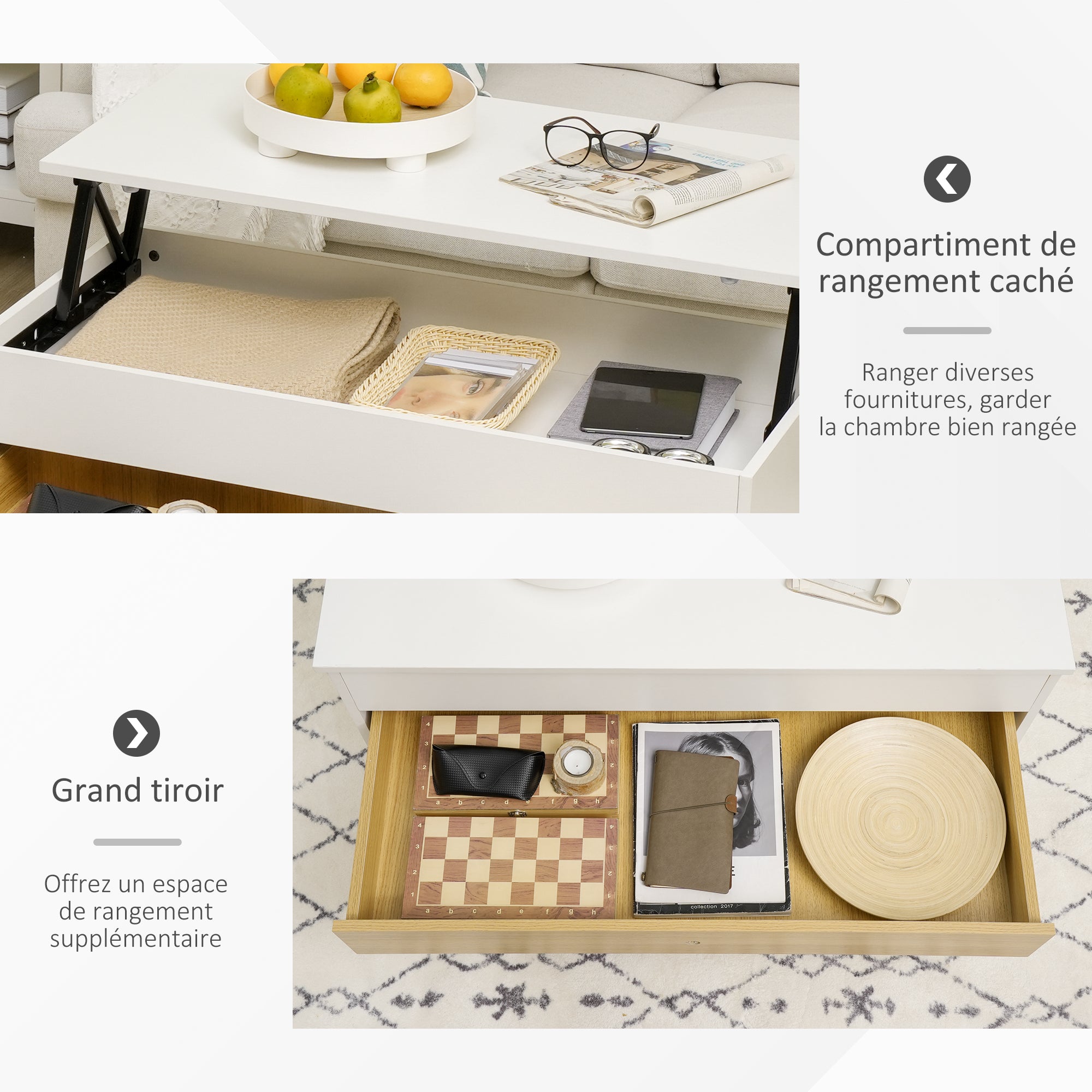 Table Basse relevable rectangulaire Table de Salon avec Plateau 1 tiroir et Coffre en Bois dim. 100L x 50l x 49H cm Blanc