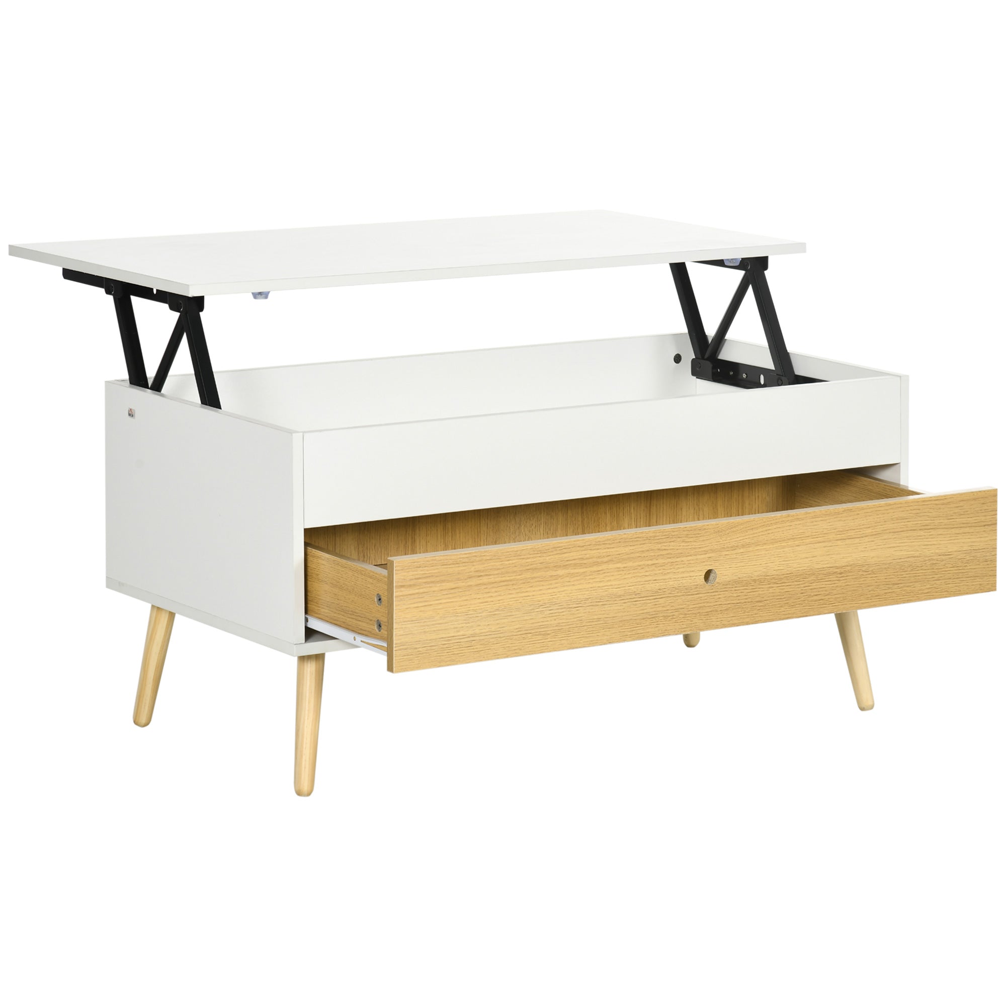 Table Basse relevable rectangulaire Table de Salon avec Plateau 1 tiroir et Coffre en Bois dim. 100L x 50l x 49H cm Blanc
