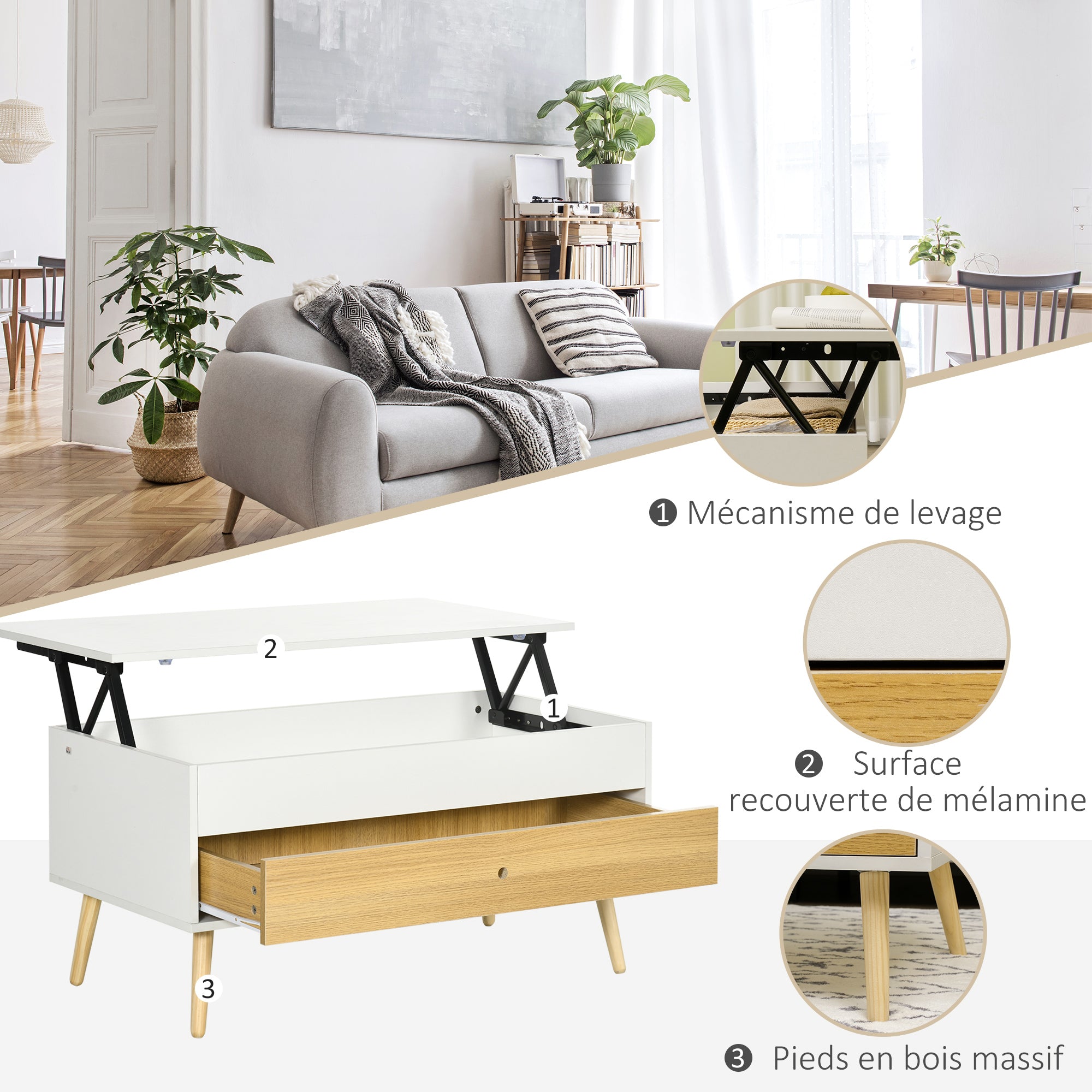 Table Basse relevable rectangulaire Table de Salon avec Plateau 1 tiroir et Coffre en Bois dim. 100L x 50l x 49H cm Blanc