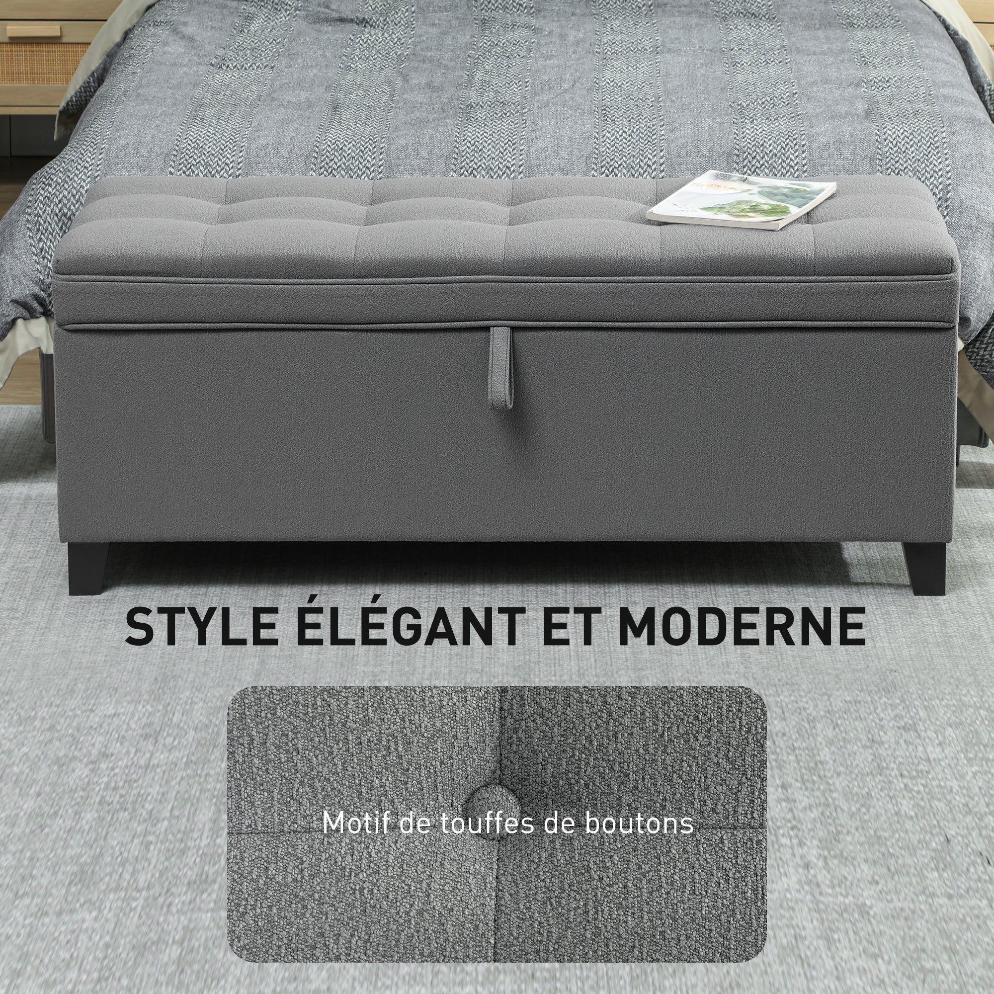 Banc de rangement 112L banquette bout de lit coffre de rangement avec siège capitonné, tissu de lin, pour salon, chambre, entrée, 120 x 40 x 48 cm, gris foncé