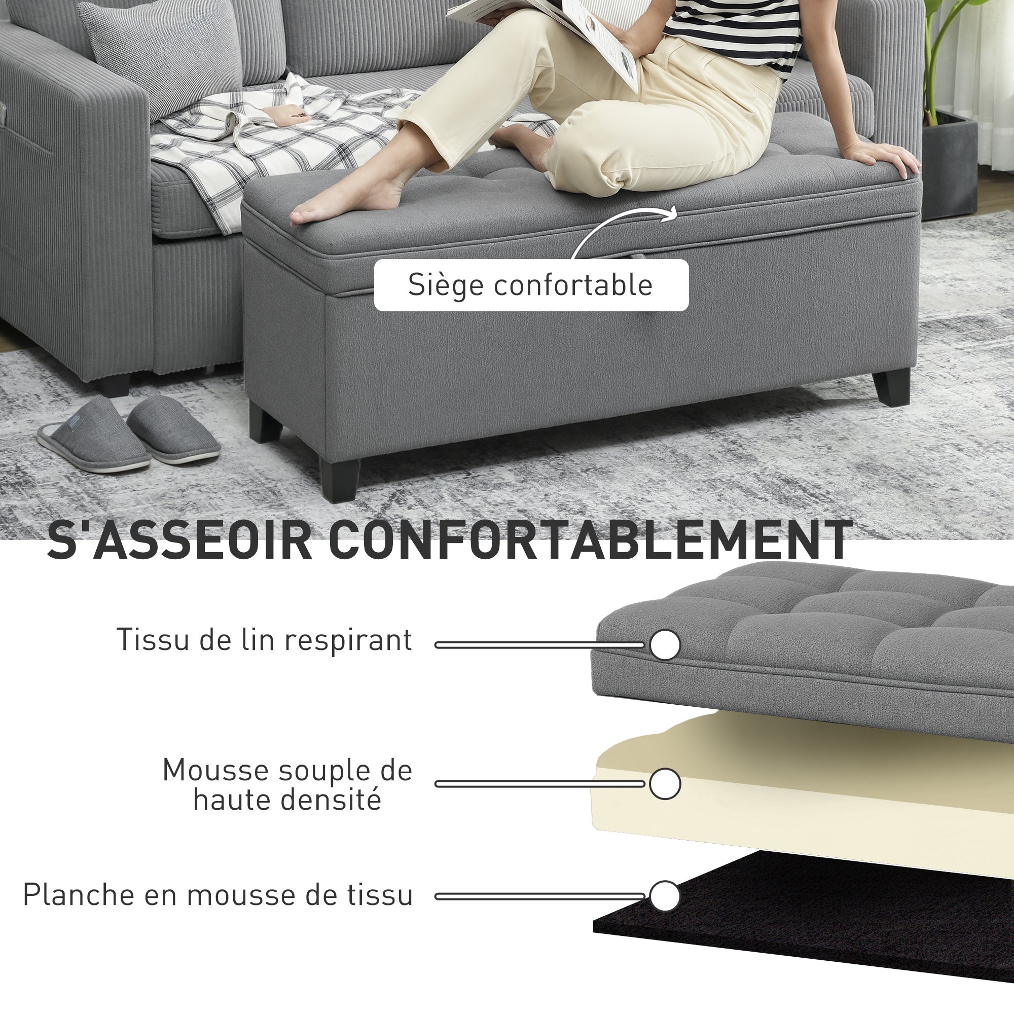 Banc de rangement 112L banquette bout de lit coffre de rangement avec siège capitonné, tissu de lin, pour salon, chambre, entrée, 120 x 40 x 48 cm, gris foncé