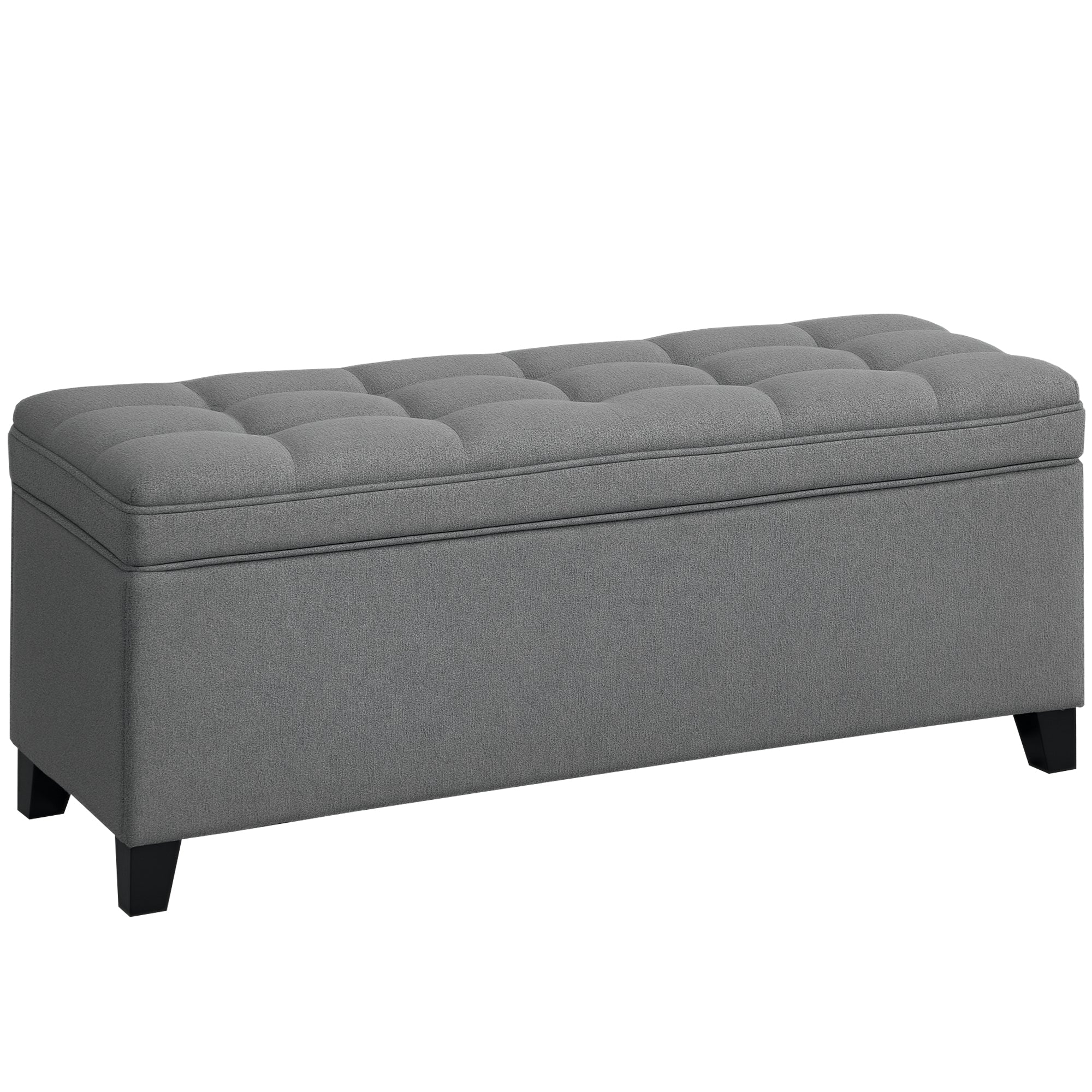 Banc de rangement 112L banquette bout de lit coffre de rangement avec siège capitonné, tissu de lin, pour salon, chambre, entrée, 120 x 40 x 48 cm, gris foncé
