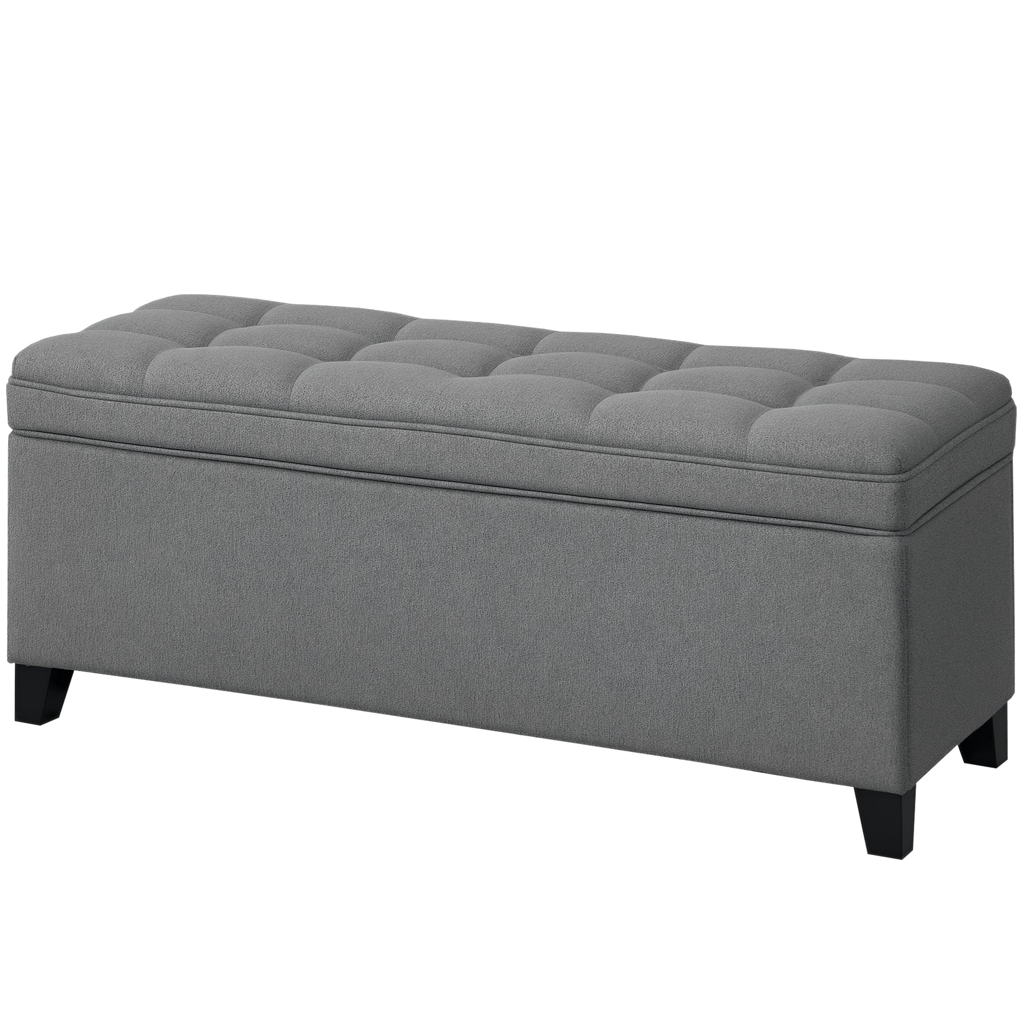 Banc de rangement 112L banquette bout de lit coffre de rangement avec siège capitonné, tissu de lin, pour salon, chambre, entrée, 120 x 40 x 48 cm, gris foncé