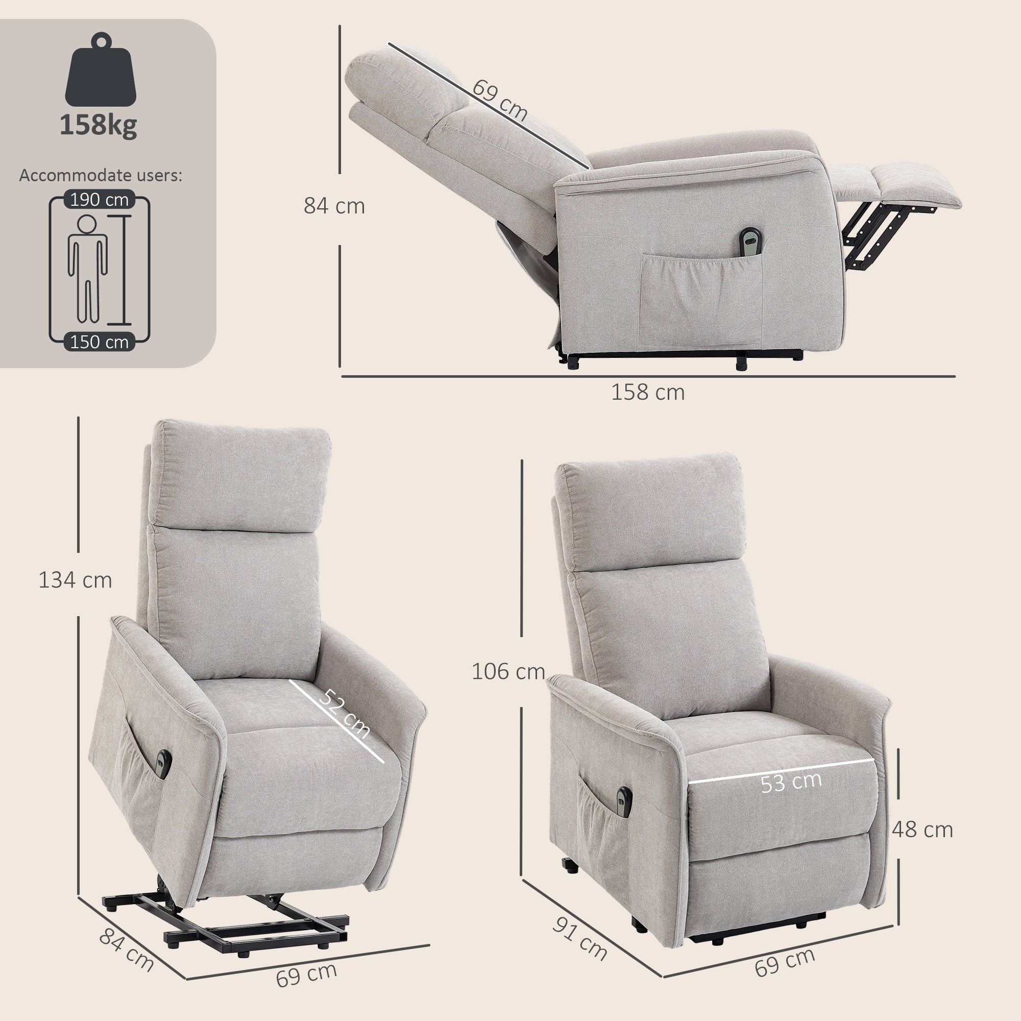 Fauteuil Releveur Électrique, Fauteuil Relax Électrique en Chenille, Dossier Inclinable, Coussin à Ressorts, Télécommande et Poches Latérales, pour Personnes Âgées, Montage Facile, Gris Clair