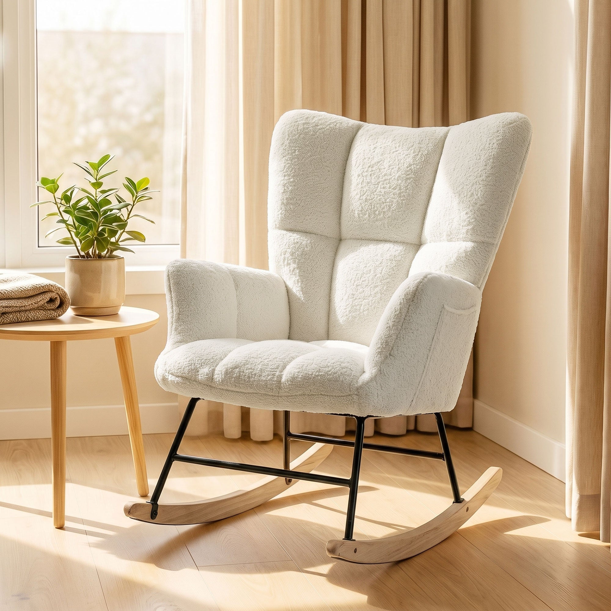 Fauteuil à Bascule, Rocking Chair en Peluche Teddy, Poches Latérales, Dossier à Oreilles Capitonné, Assise Rembourrée, Pieds en Bois d'hévéa, Chaise à Bascule Moderne pour Salon, Chambre, Crème