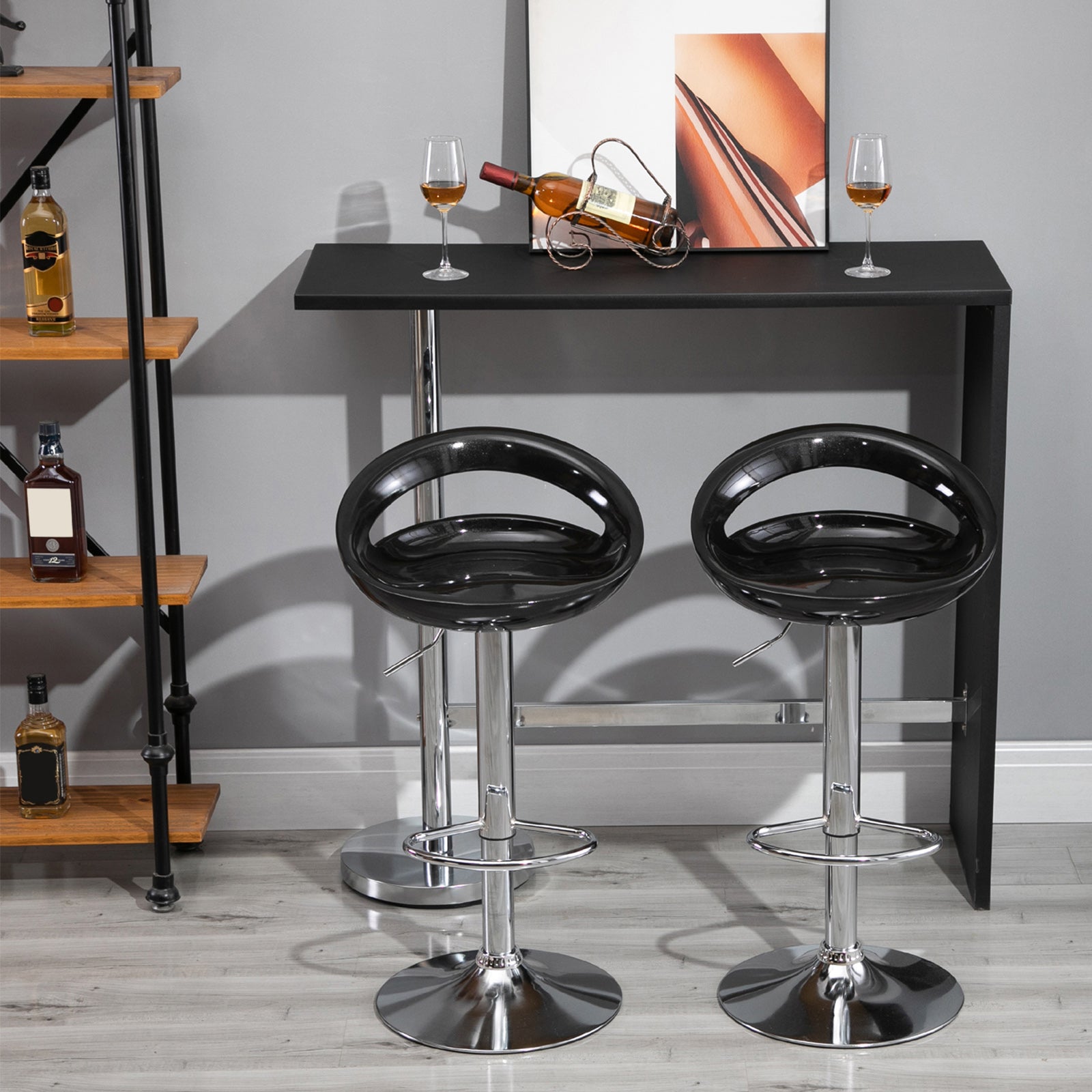 Lot de 2 tabourets de bar, chaises de bar réglable en hauteur, chaise haute cuisine avec dossier, repose-pieds, pivotant 360°, ABS et métal, pour salle à manger, comptoir, 46x41x76-96cm, noir