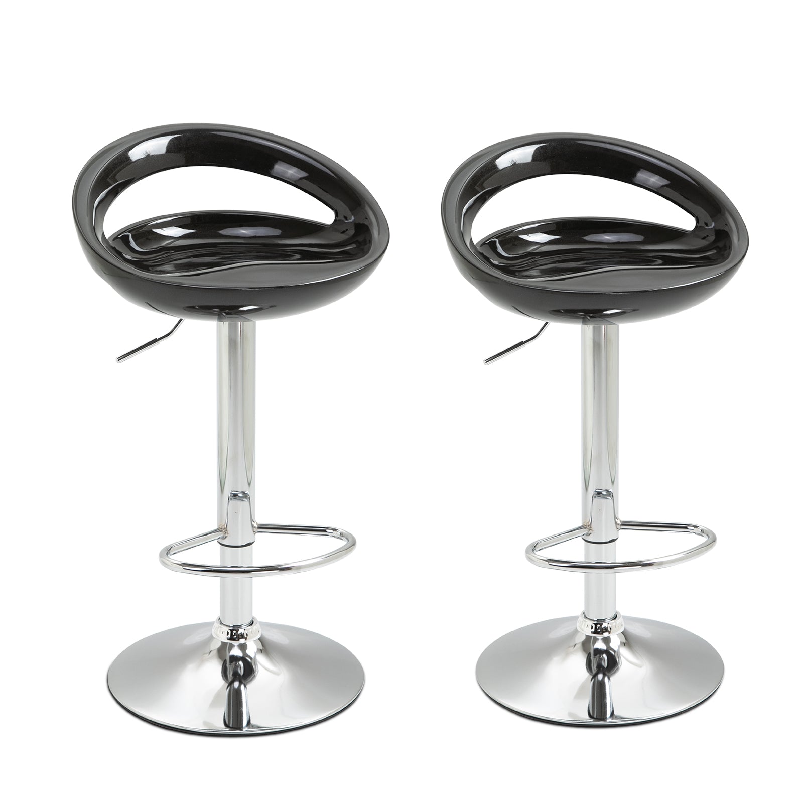 Lot de 2 tabourets de bar, chaises de bar réglable en hauteur, chaise haute cuisine avec dossier, repose-pieds, pivotant 360°, ABS et métal, pour salle à manger, comptoir, 46x41x76-96cm, noir